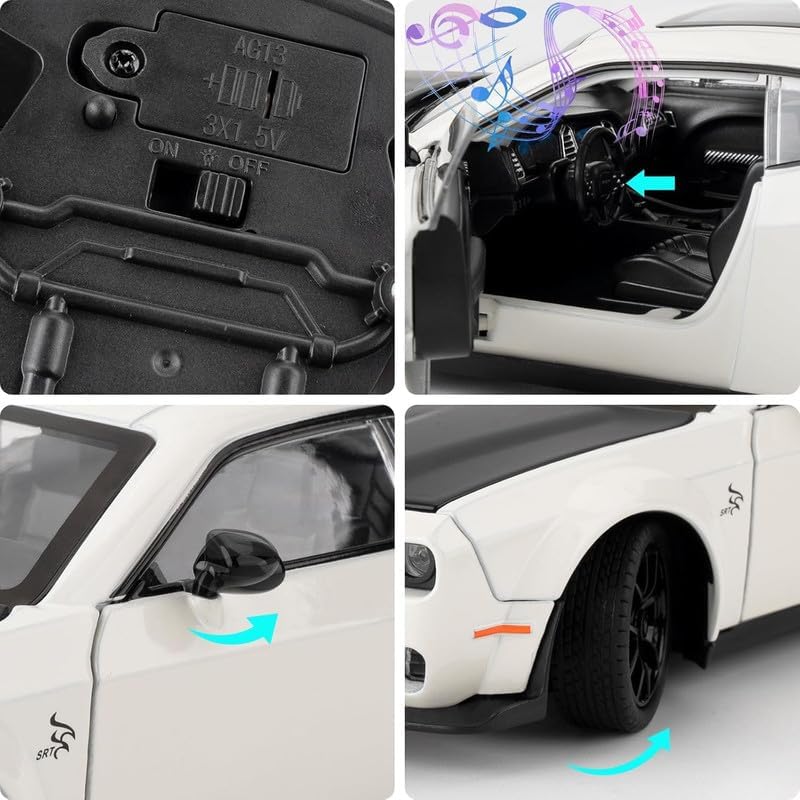 Image of Alokik Enterprise Compatible for 1:24 Dodge Challenger SRT Toy Car Model, Diecast Collectible Pull Back Model Car with Sound and Light, Toy Gift Vehicles for Adults Kids Boys Girls【 White /Black 】