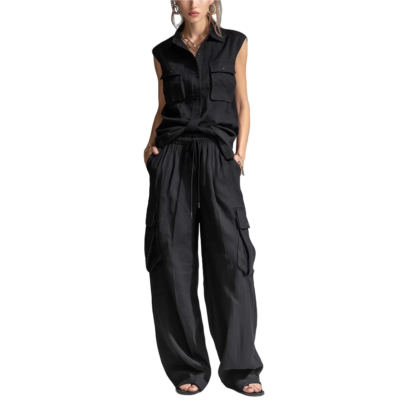 Conjunto de muselina de verano dos piezas informal blusa y pantalón monocolor 6