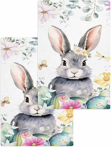Miniatura 1 de Juego de 2 toallas de cocina de tejido de punto gofre de algodón, diseño de flores de huevo de conejo de Pascua de 16 x 24 pulgadas, absorbentes, de