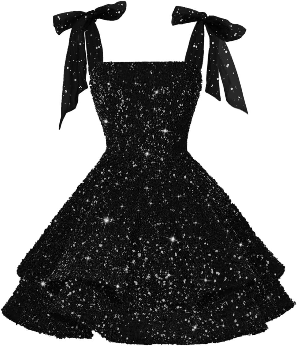 Sparkly Tiered Sequin Flower Girl Dress Bow Spaghetti Straps Short Birthday Wedding Pageant Formal Mini Dresses