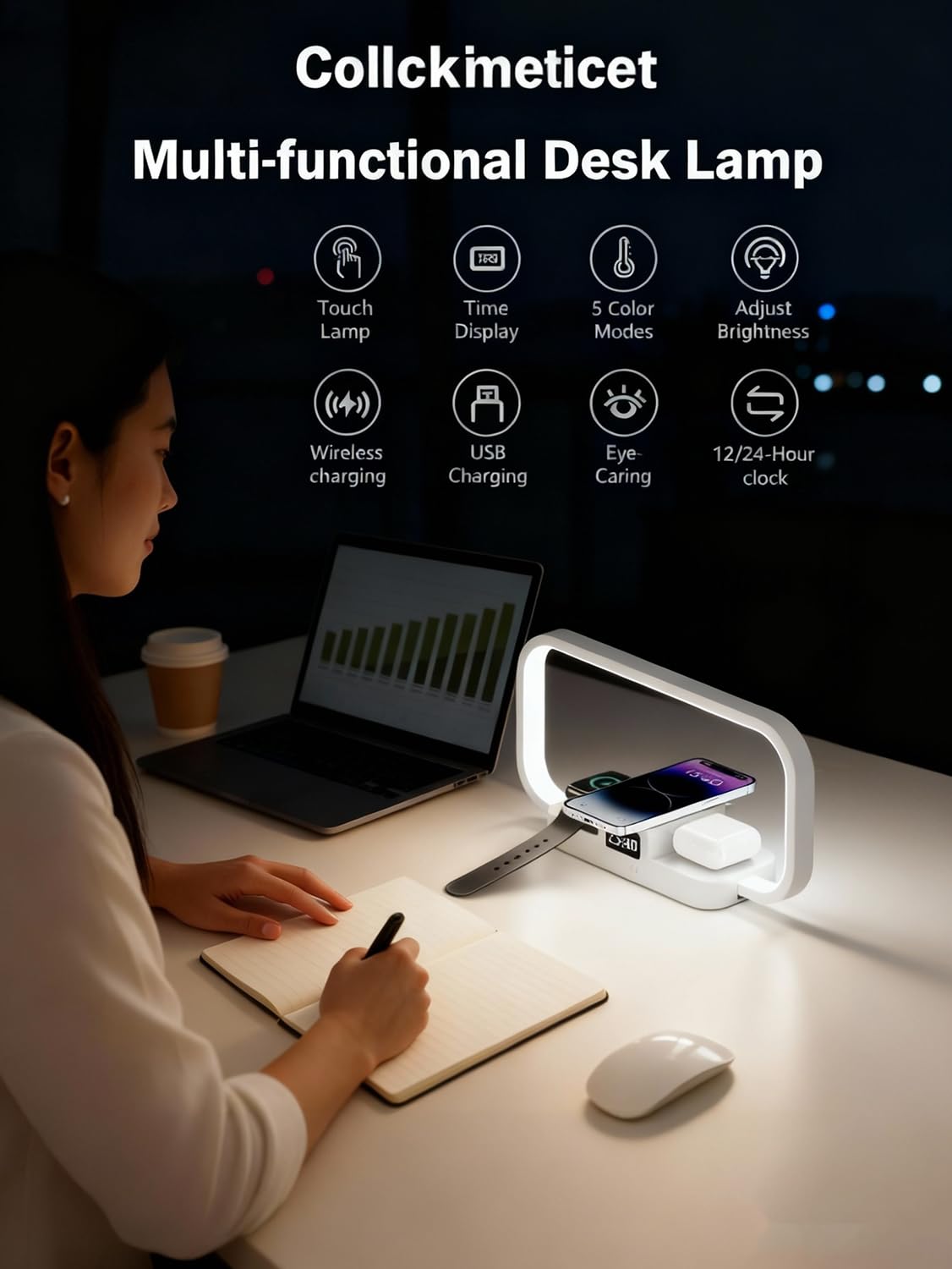 KZT Lampe de Chevet Chargeur sans Fil 4 en 1 avec Port USB LED Horloge, Blanc