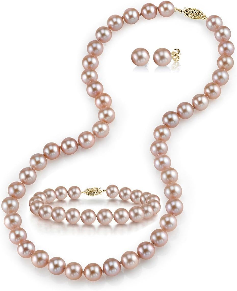 The Pearl Source 14K Gold 7.0-7.5mm Round Pink Freshwater Cultured Pearl Necklace, Bracelet & Earrings Set in 18" Princess Length for Women