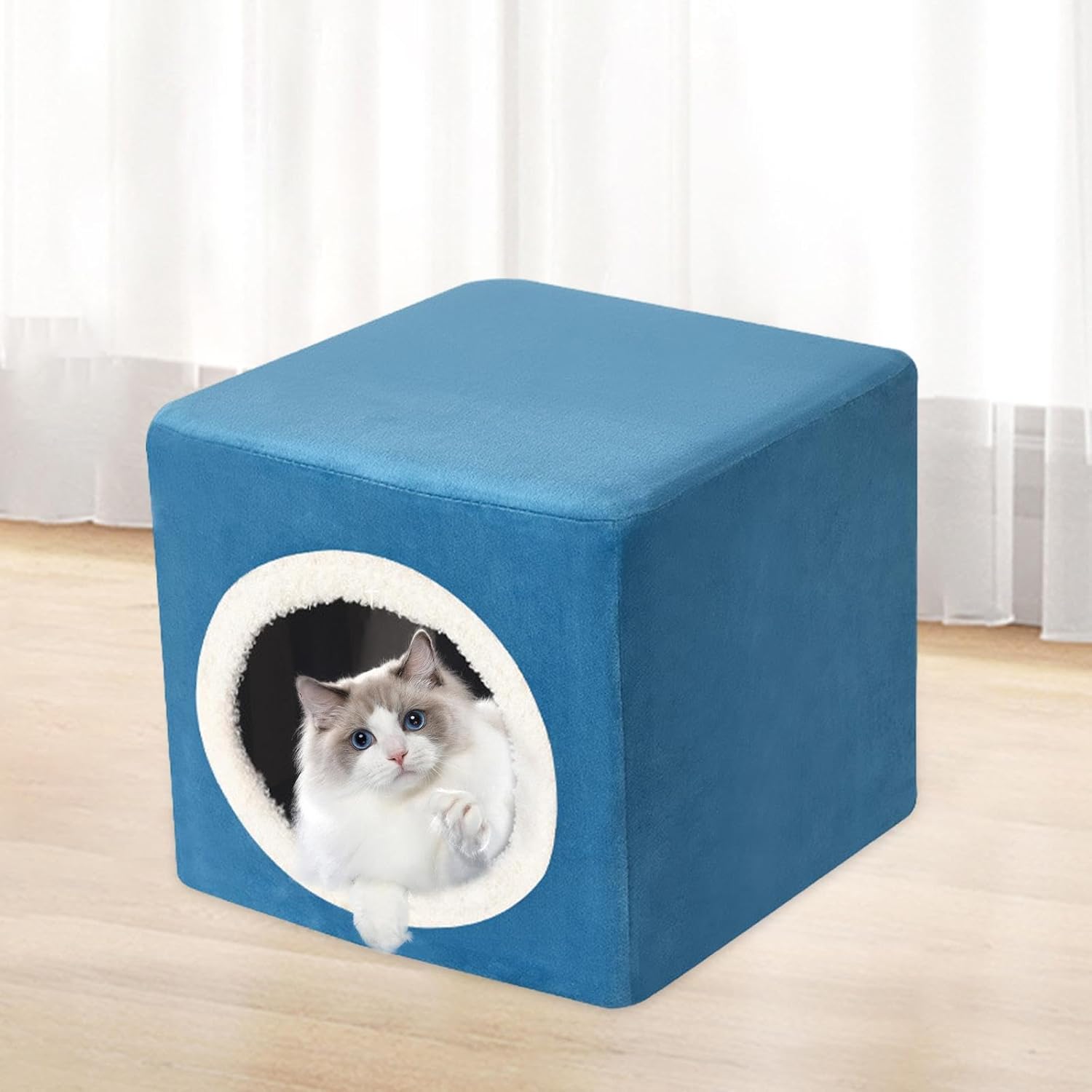 review Cat Bed for Indoor Cats Cat House Interactive Portable Sturdy Covered Cat Bed Cave Cat Stool Condo for Kitten Cats Exercising, Blue