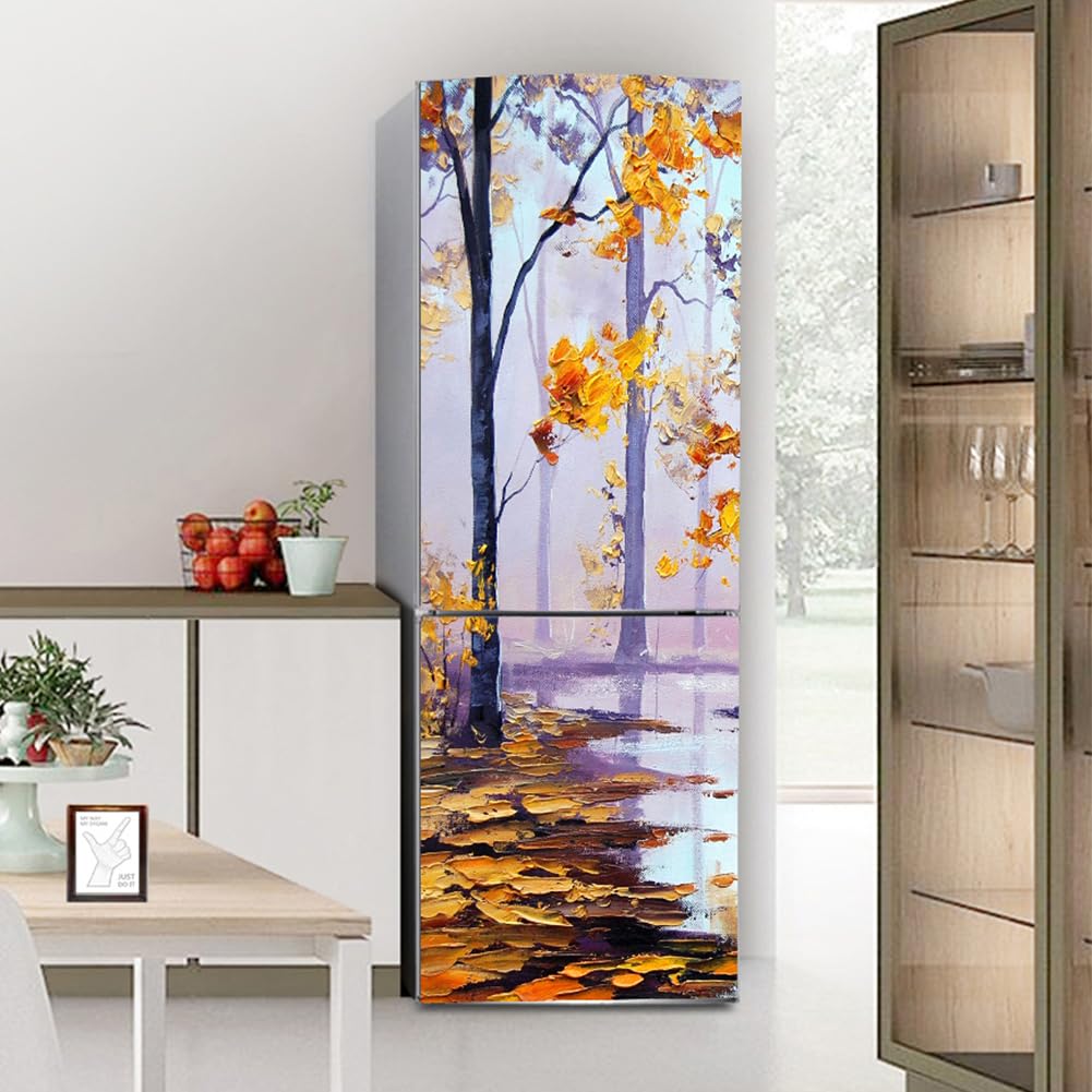 VHcgCGJ Fridge magnet, Full Covering, Freezer Skins Wall Stickers for Kitchen Decal, Oil Painting Tree Forest Scenery(M: 60x180 cm)
