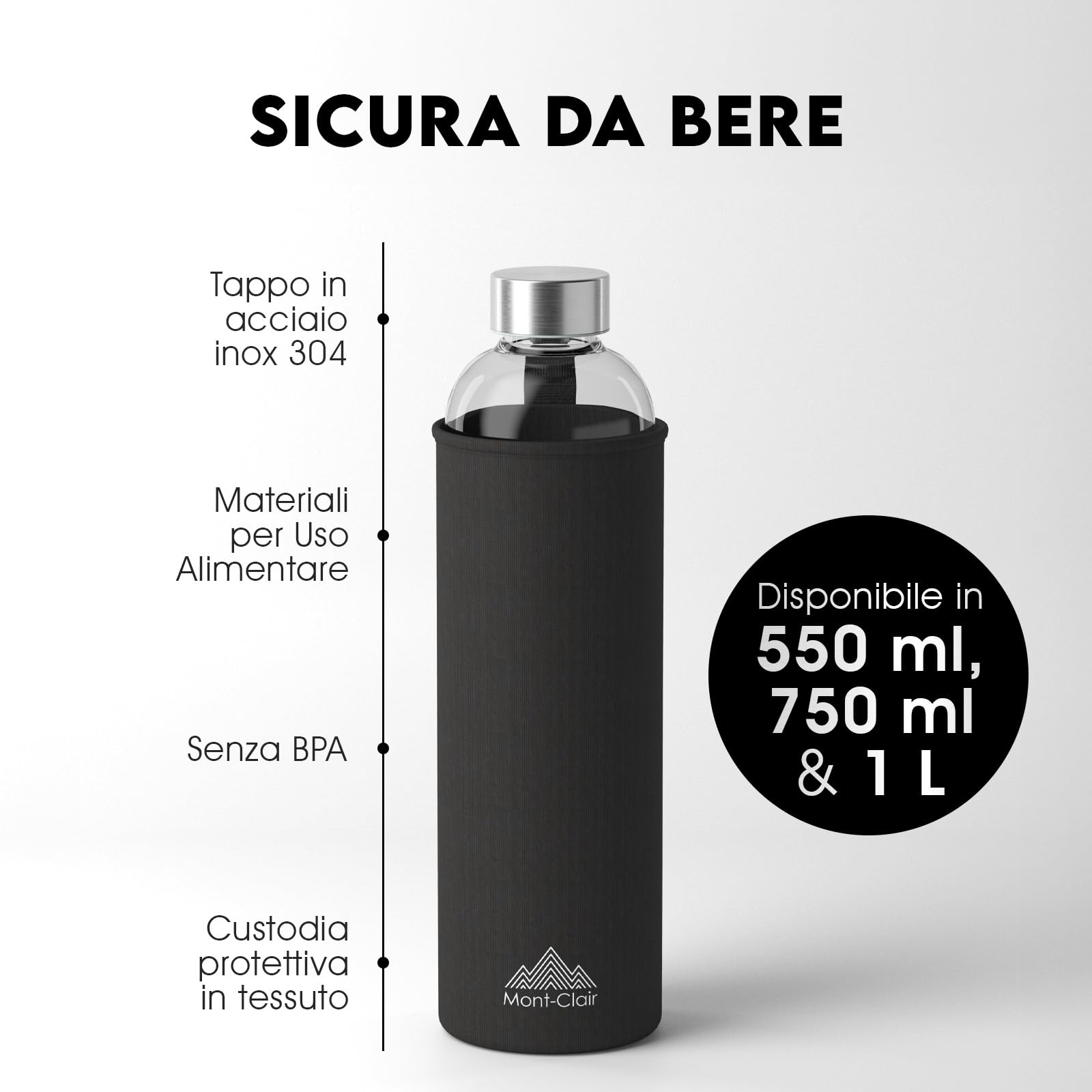 Mont-Clair Kristal Bottiglia Vetro 550ml - Borracia Vetro Borosilicato con fodera in neoprene - Anti-perdita + senza BPA - Bevande calde e fredde - Ideale per viaggi, sport - Blu