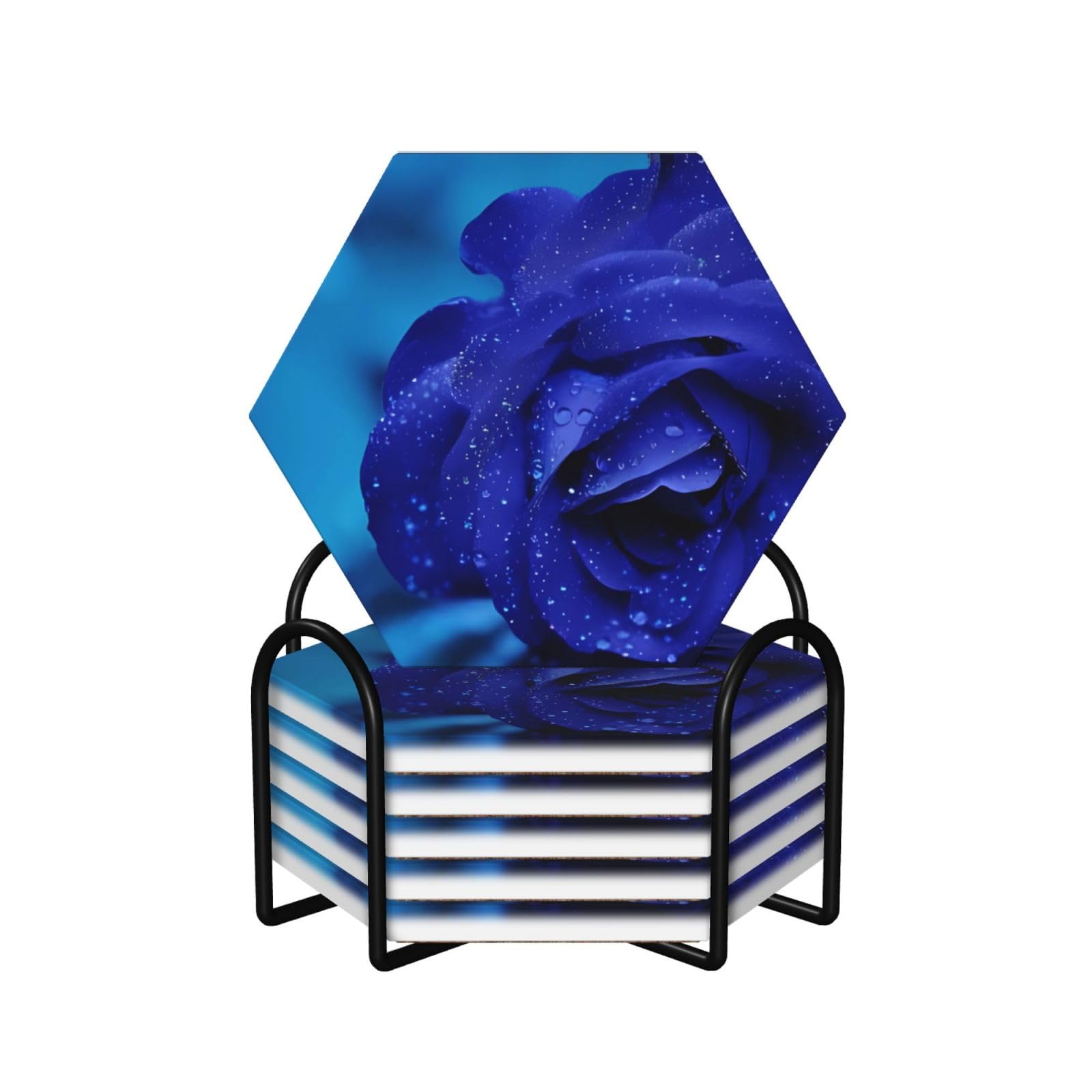 Dessous de verre céramique absorbant lot de 6 rose bleue pour table cuisine et salon