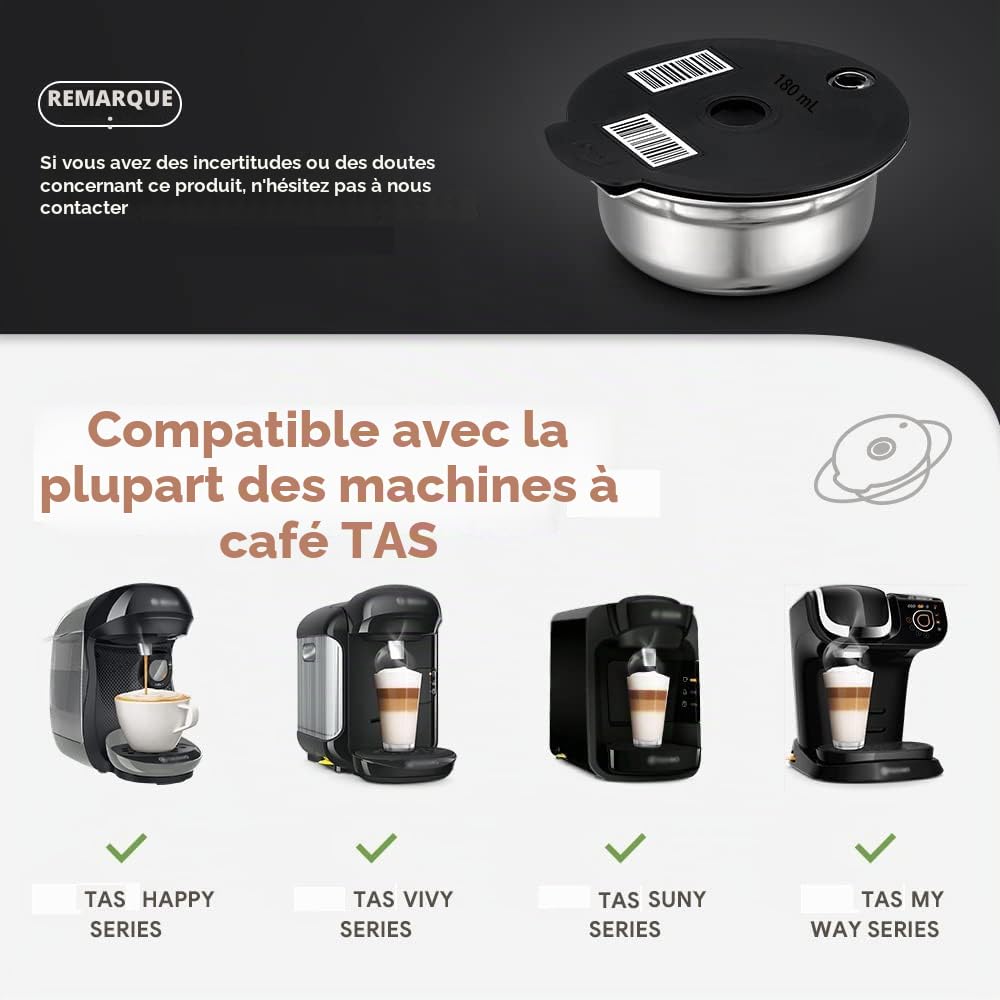 RECAFIMIL Filtre à café réutilisable avec tamper, dosettes en acier inoxydable avec 4 couvercles en silicone noir, 60/180/200/220 ml, compatible avec les machines Bosch Tassimo