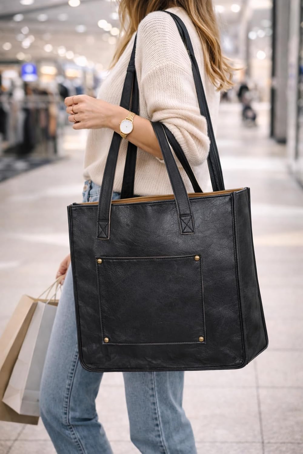Women's Leather Tote Bag, Black with Tan Trim, Front Pocket Design with Brass Studs, Shoulder Handbag