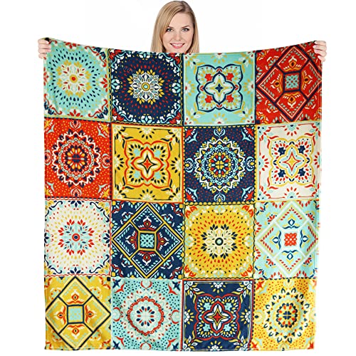Vintage Turkish Throw Blanket, Colorful Patchwork Design Ethnic Inspired Pattern Ornamental Squares, Flannel Fleece Throw Blanket Soft Couch Cover For Kids, 50" X 60", Orange Mustard #TOP16