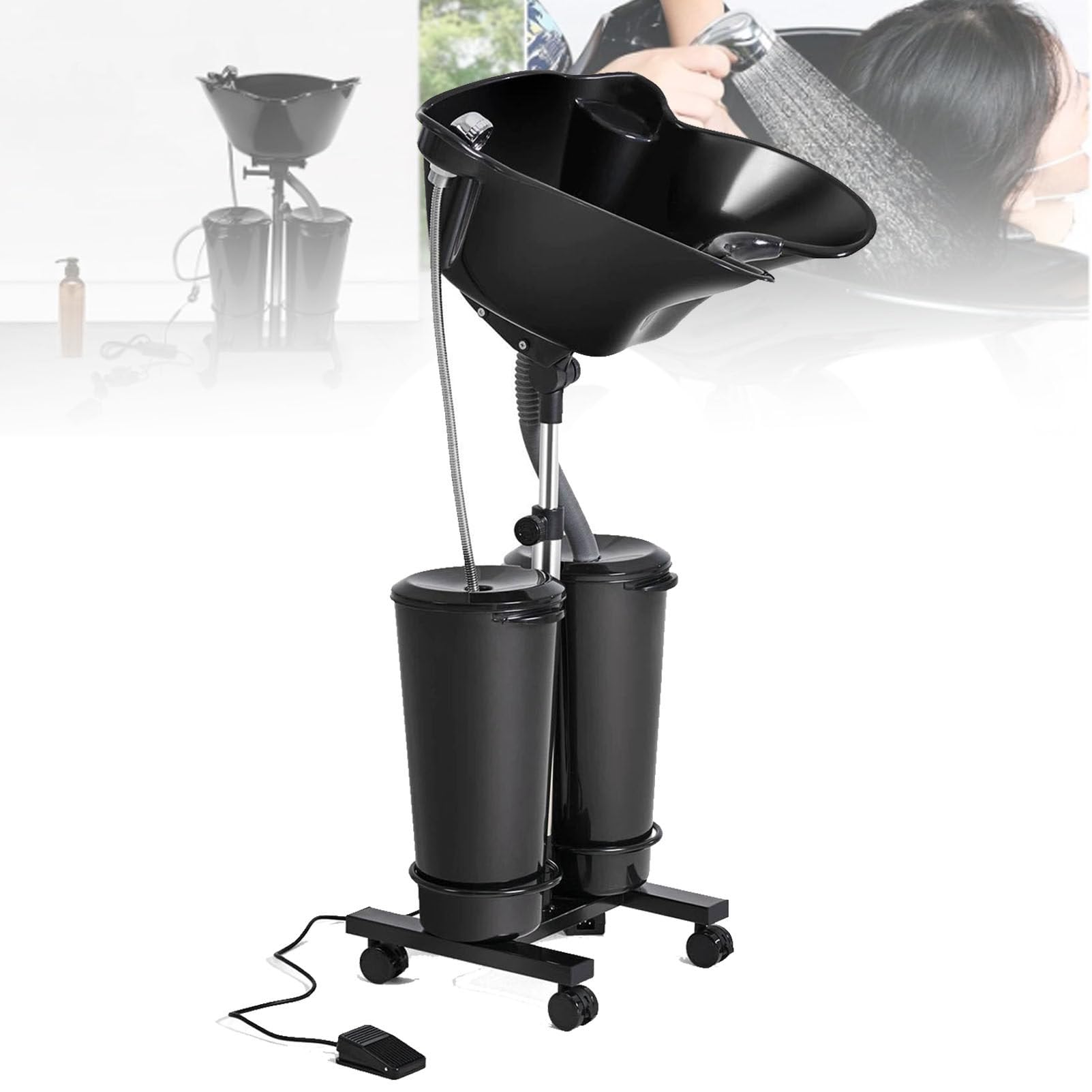 Lavabo móvil para el cabello - Lavabo de champú de altura ajustable con bomba eléctrica y accesorios (A)
