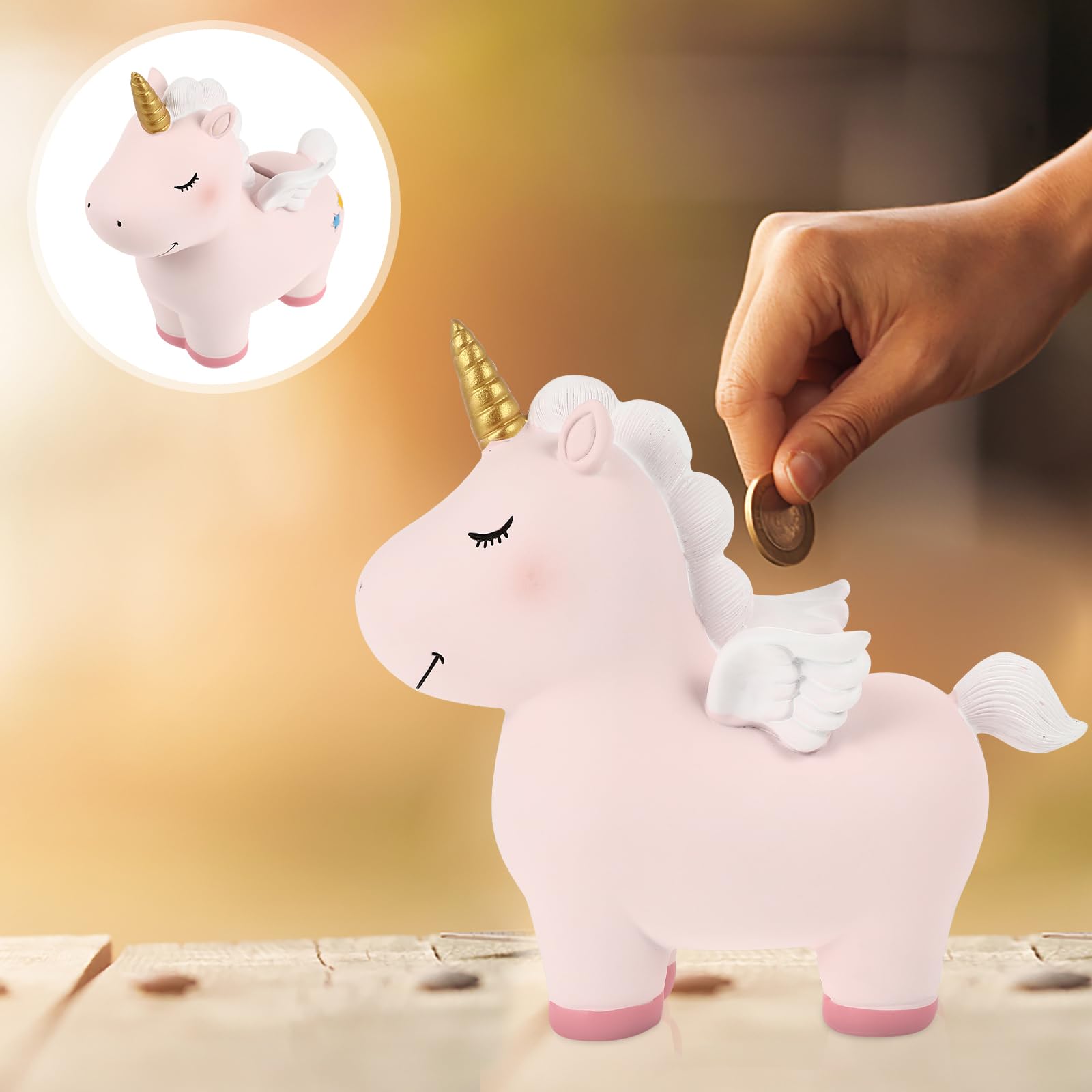 HEALLILY Salvadanaio Unicorno Rosa In Resina – 19x17 Cm – Cassaforte Per Soldi Per Bambini E Decorazione Cameretta - 3