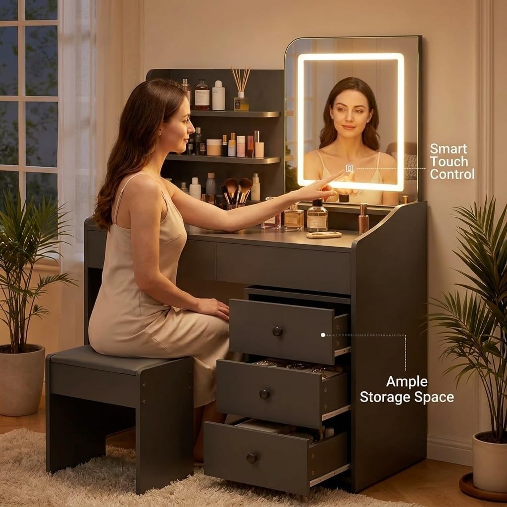 Makeup Vanity Desk with LED Mirror & Movable Storage Cabinet, 3-Tier Open Shelves, 5 Drawers, Adjustable 3-Color Lighting for Bedroom
