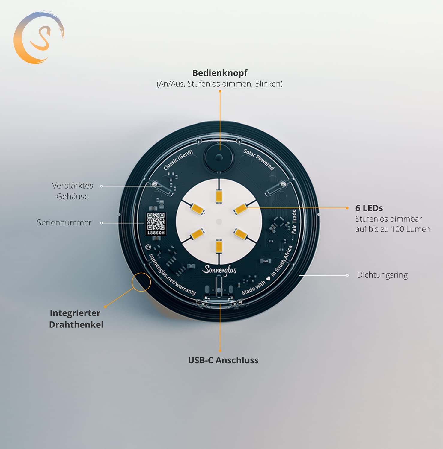 SONNENGLAS Modulo solare SOMO Classic (Gen6) | Lampada solare compatta | USB-C | Commercio equo dal Sud Africa