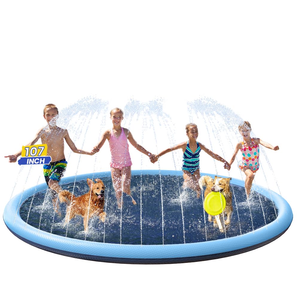107 inch Splash Pad for Kids, Non Slip Water Sprinkler Pad Extra Large Thick Durable Toddler 4-8 3-5 1-3 Pets & Families, Backyard Splash Play Mat for Kiddie Children Baby Wading Pool Dogs Splash Pad