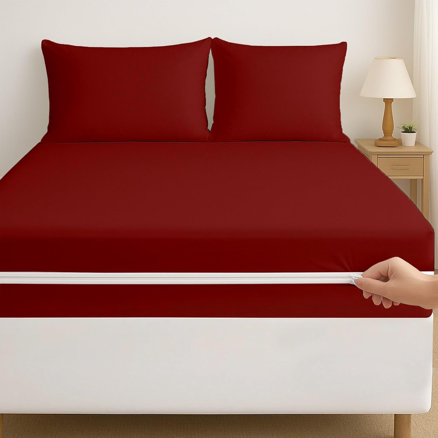 Cottingon Twin XL Zippered Waterproof Mattress Protector, Six-Sided, 1 PC Encasement Style Breathable Cover Fits Upto 15 Inch Deep, Burgundy Zipper Closure