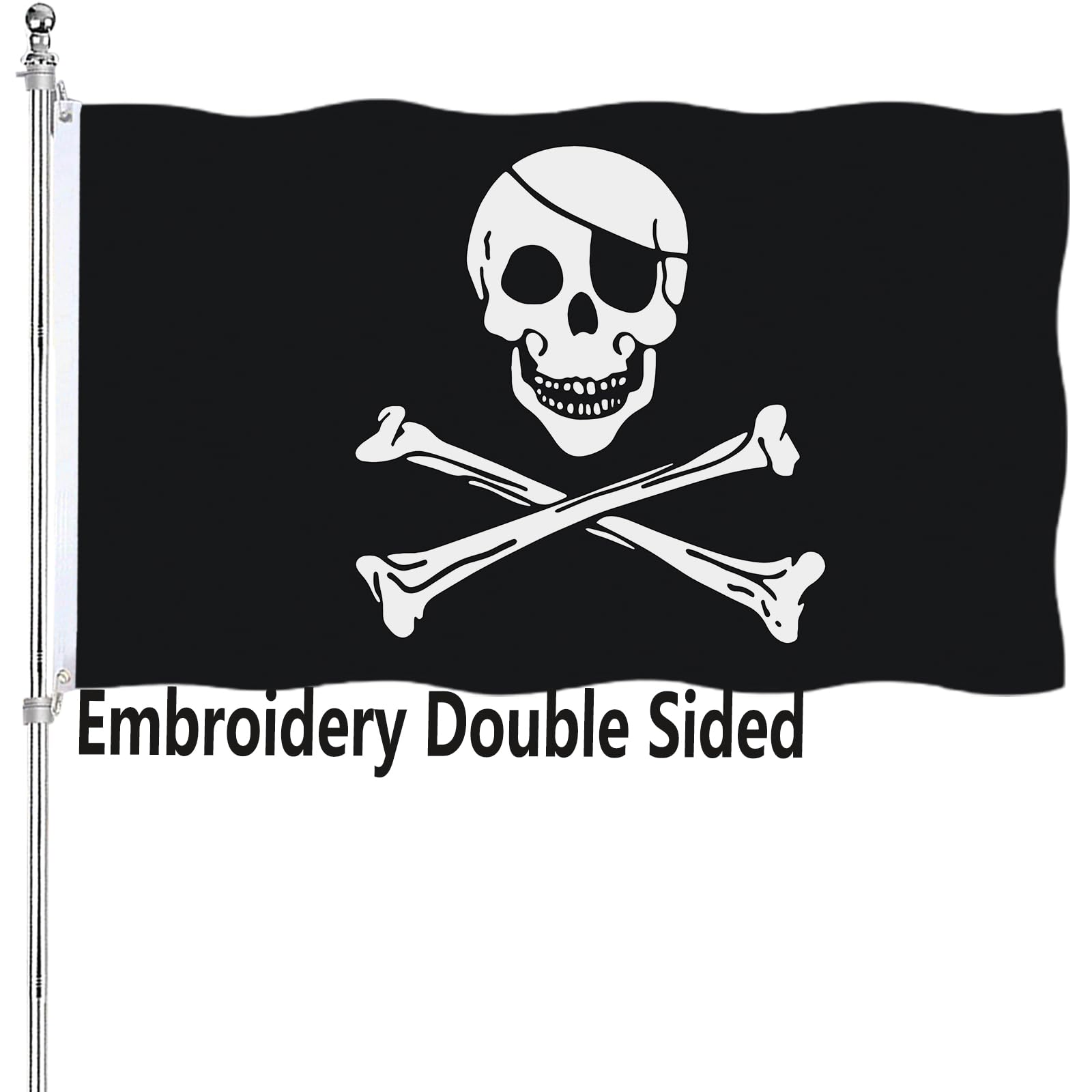 Embroidery Pirate Flag 3x5 Jolly Roger Double Sided Skull and Crossbones Outdoor Heavy Duty 3 Ply with Durable Canvas Header and ​2 Brass Grommets Vivid Colors
