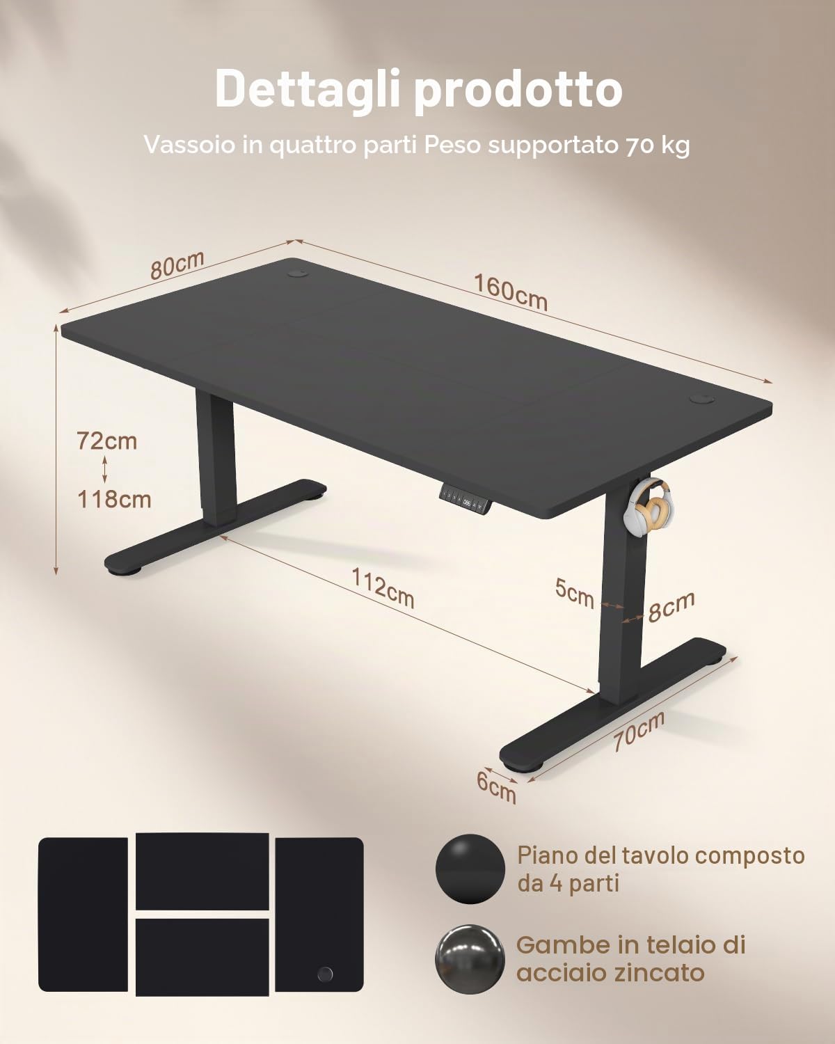 TRIUMPHKEY Scrivania Elettrica Regolabile in Altezza, 160 x 80 cm, 3 Funzioni Memoria, Porta USB, Con 2 ganci, Tavola Splice Standing desk, In Piedi Adatta Per Casa E Ufficio, Nero+Nero