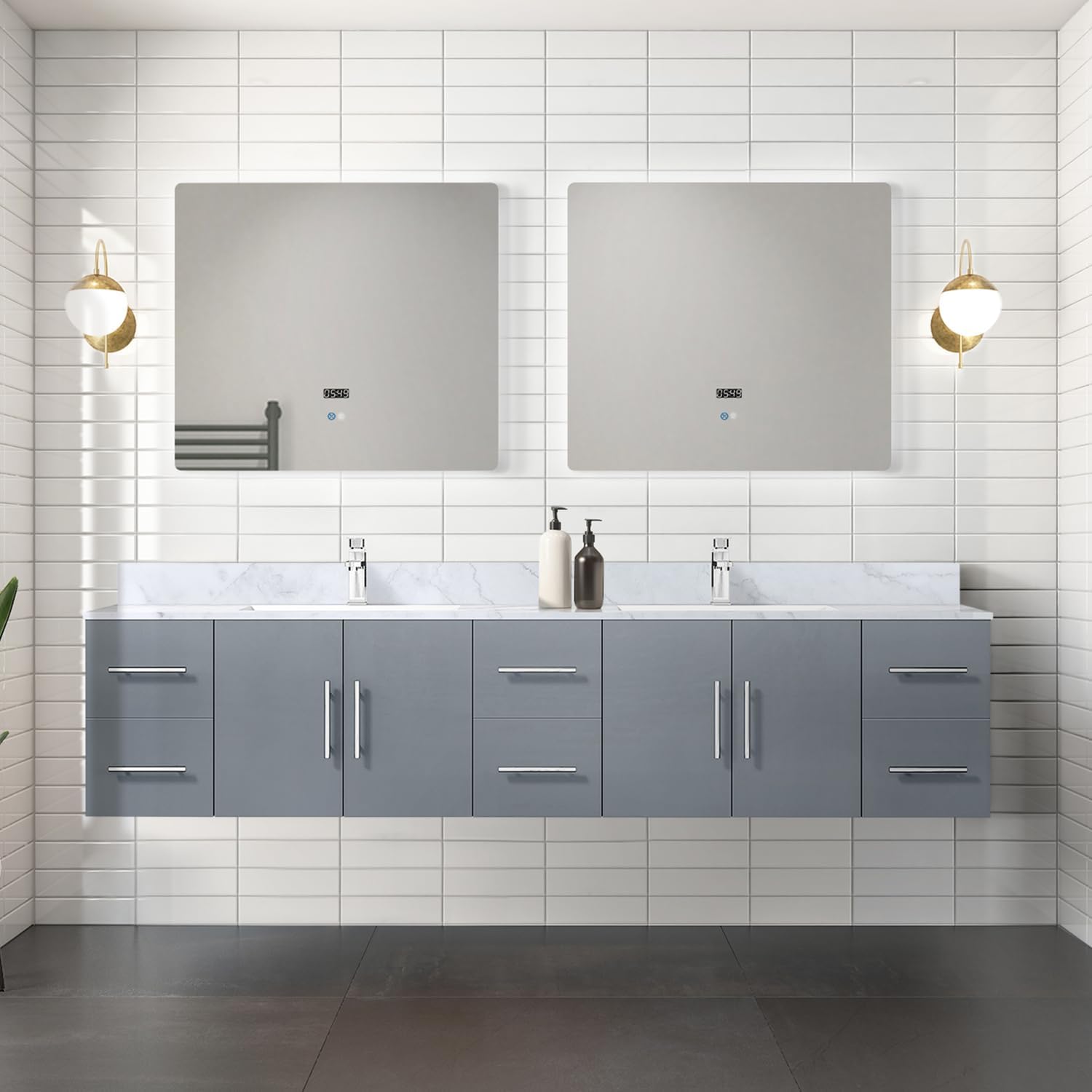 Geneva Dark Grey Bath Vanity Set w/Faucet 84"- Double/Carrara Marble Top
