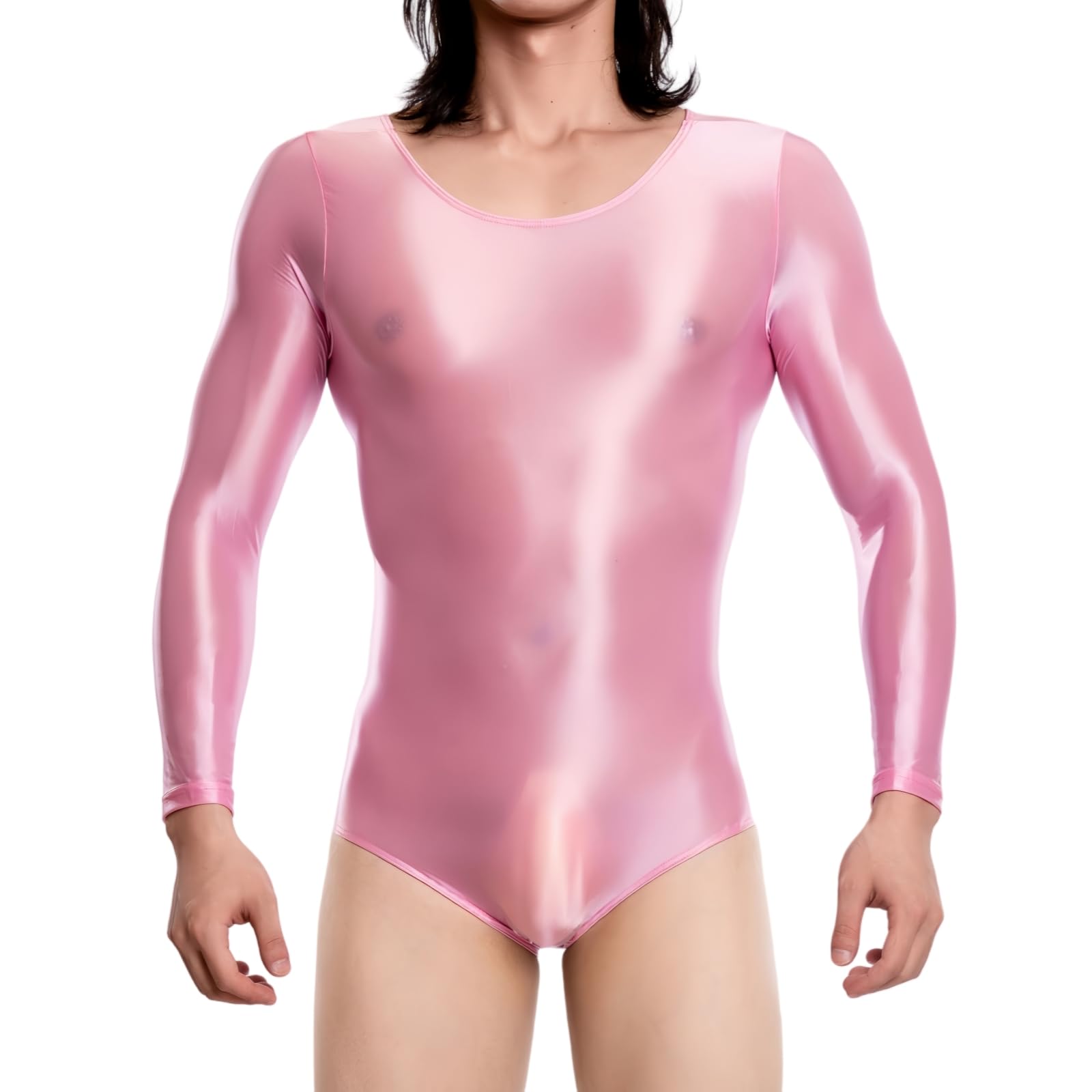 Hybursky Men's Oil Glossy Leotard Bodysuit Long Sleeve One Piece Jumpsuits Mens Lingerie Bodysuits Tops Underwear Cosplay Costume Party Clubwear Nightwear(Pink/XL)
