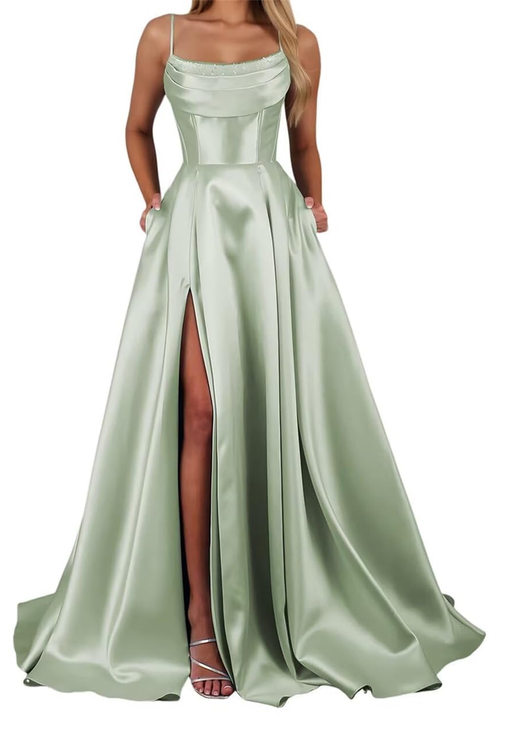 YIANN Sage Green Satin Prom Dresses for Women with Slit Pleated Corset Long Formal Dress Evening Party Gown UK6