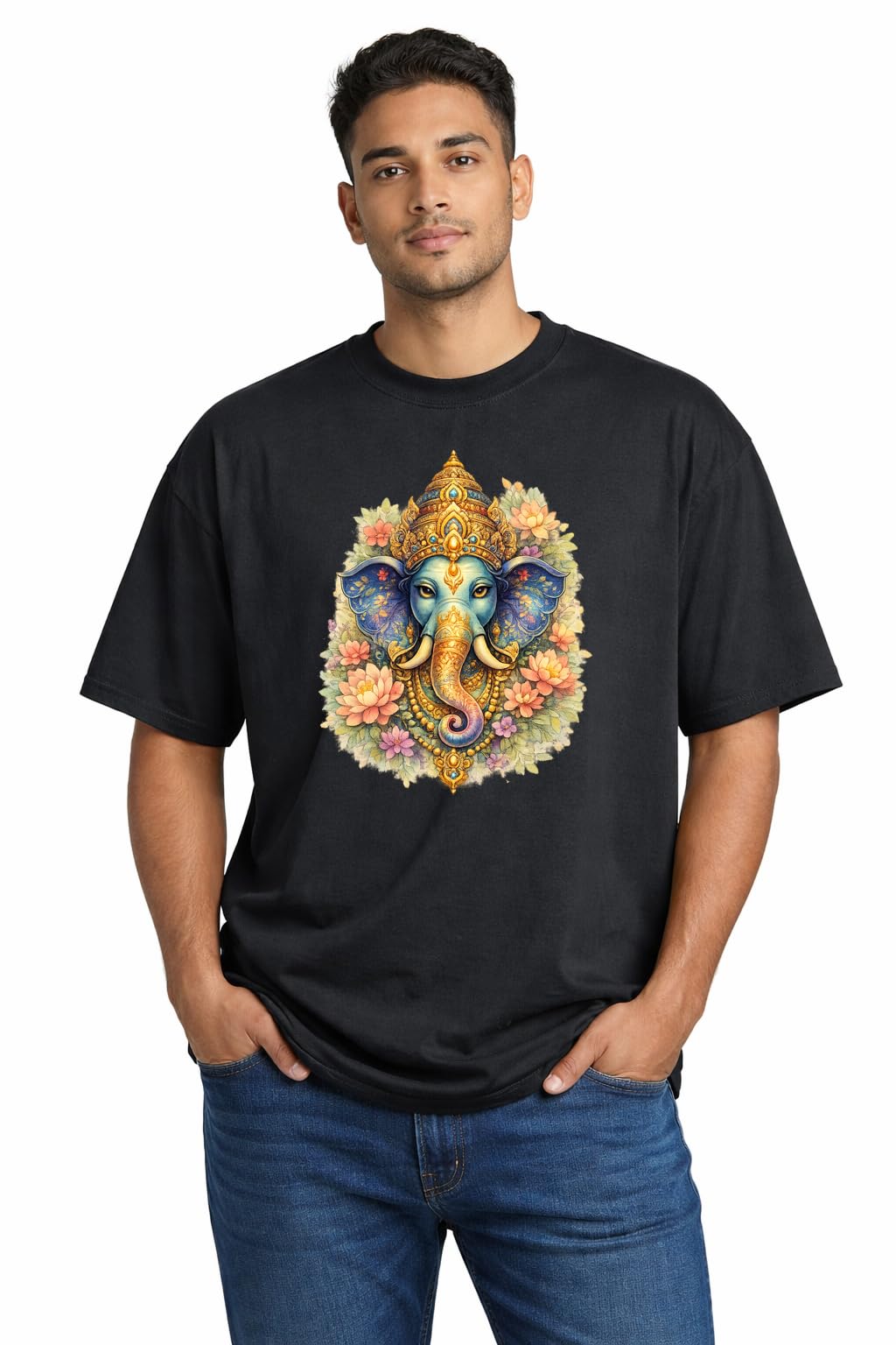 Men Cotton Blend Graphic Printed T-Shirt | Half Sleeve Round Neck Black Casual Wear with Artistic Ganesha Design for Men-picture-48