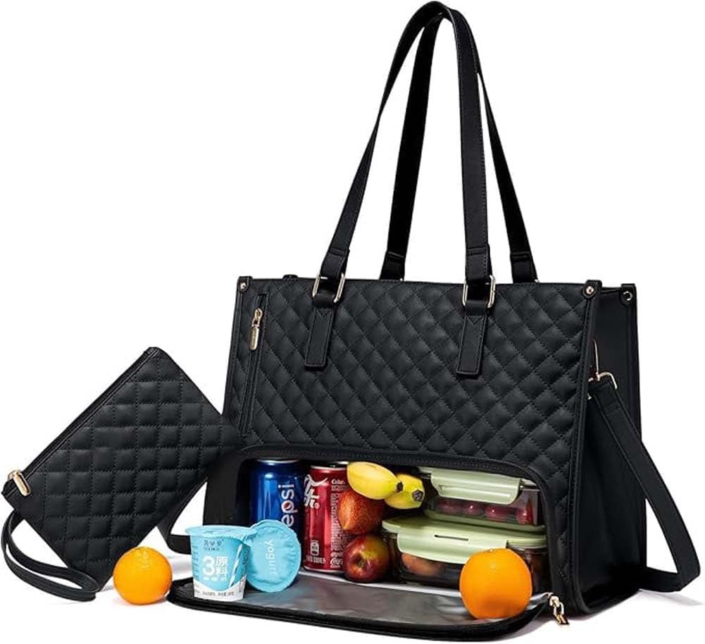2 in 1 Convertible Tote With Lunch Compartment - Large Laptop Bag for Women, Business and Office Handbag, Black