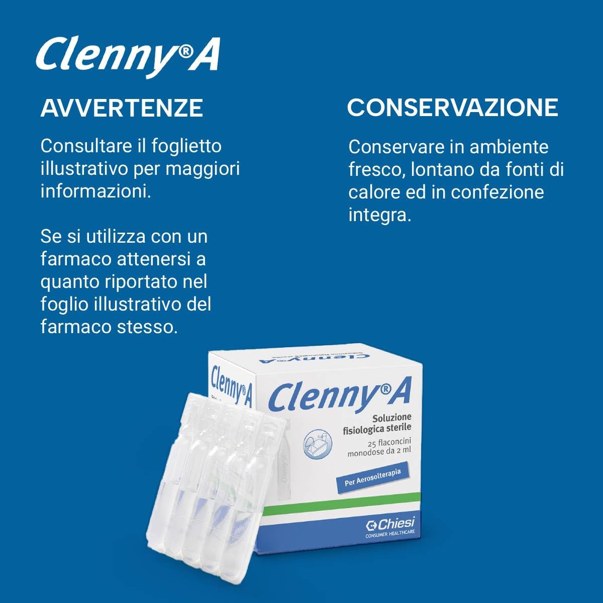 Clenny A Soluzione Fisiologica Sterile - Predosata per la Diluizione di Farmaci per Aerosolterapia- Per Adulti e Bambini - Compatibile con Tutti i Dispositivi Clenny A - 25 Flaconcini Monouso da 2ml