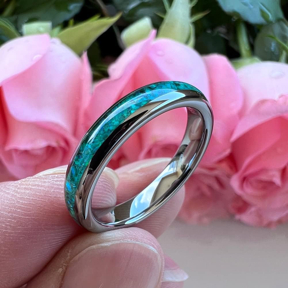TUTISS 4mm Silver/Black Tungsten Rings for Women Men Engagement Wedding Bands Genuine Blue Green Galaxy Opal Inlay Domed Polished Comfort Fit