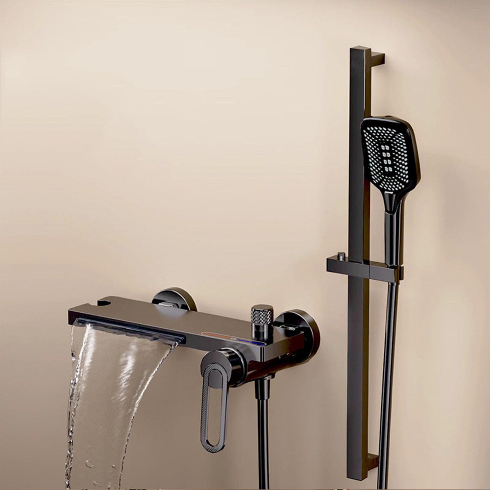 SBCGFY Brushed D Wall Mounted Bath Taps With Mixer Shower, 4 Mode Waterfall Faucet, Single Handle Luxury Bathroom Fixture,Black