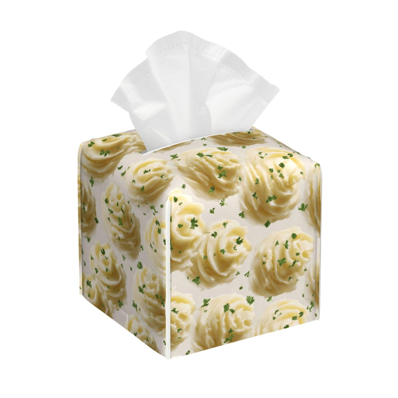 Realistic Mashed Potato Print Tissue Box Cover Holder Square, Foldable Modern Cube Tissue Box Cover, Leather Decorative Organizer for Tabletop Bathroom Car Office Desk Decor