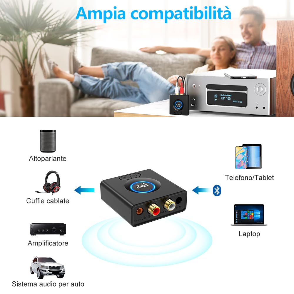 1Mii Ricevitore Bluetooth Senza Fili HiFi, Adattatore Audio Bluetooth RCA/AUX 3,5mm per Impianto Stereo, Autonomia 12H, Bassa Latenza