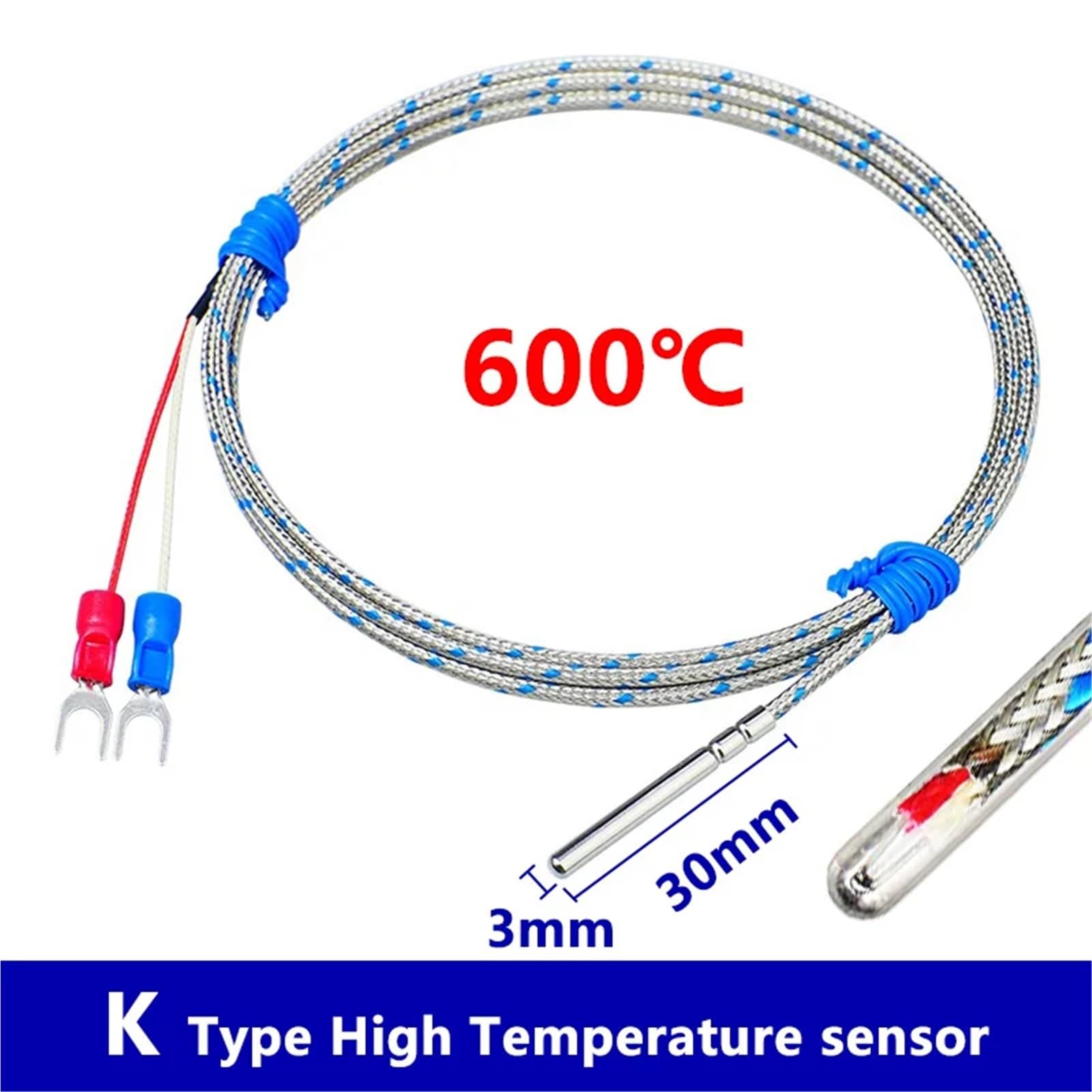 Termopara typu K z zakresem sondy 0-600°C metalowy ekranowany kabel przemysłowy czujnik temperatury 1 szt. (10 m)