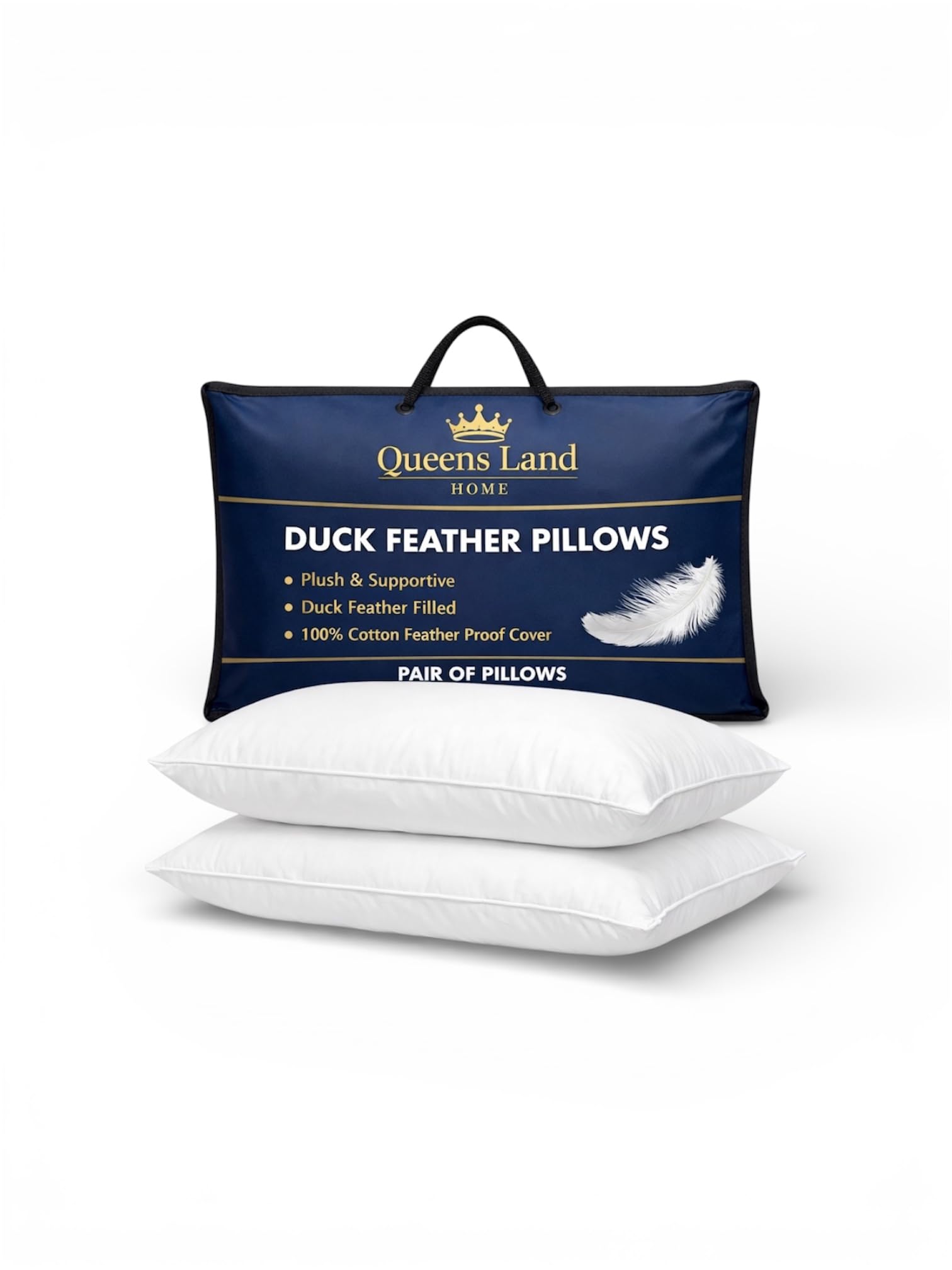 Queens Land Home New Duck Feather Filled Pair of Pillows & 100% Cotton Feather Proof Cover. (Pillow Pair)