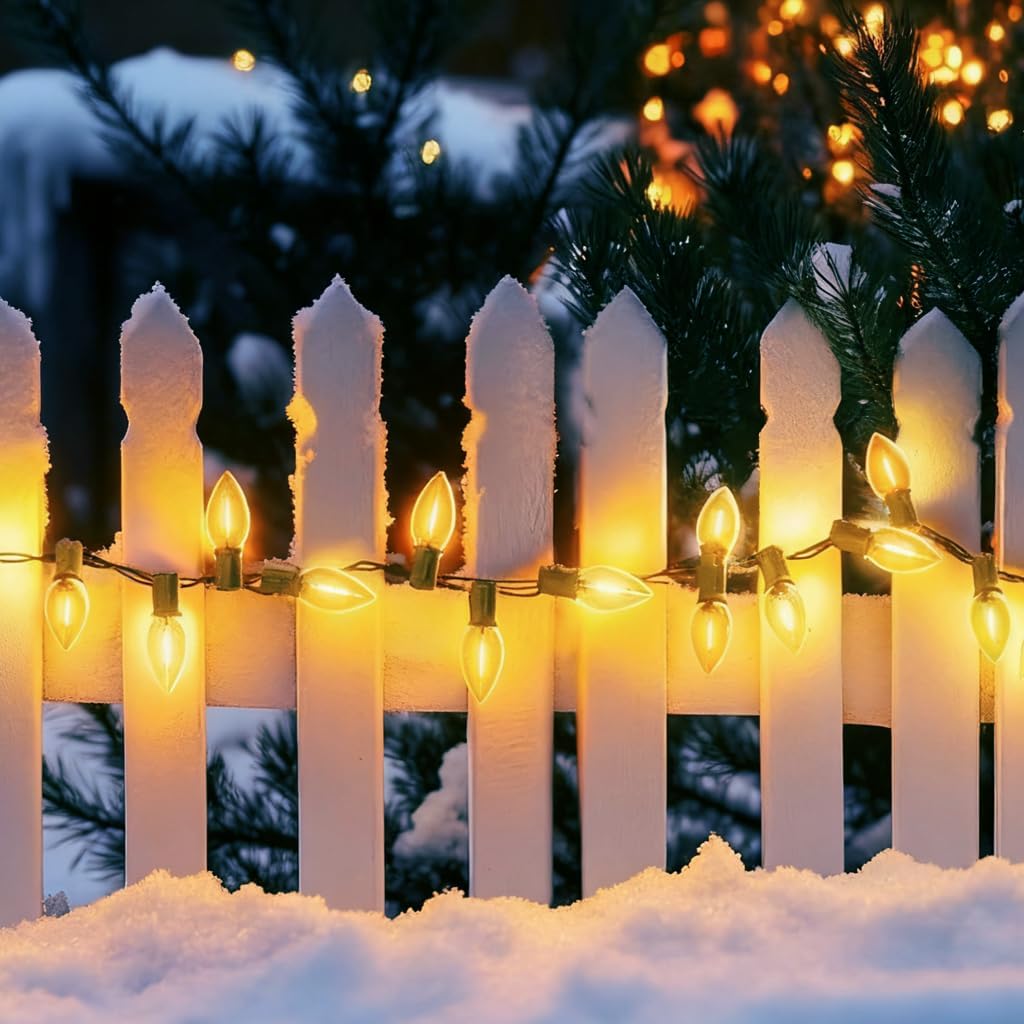 C9 Christmas Lights Outdoor, 50FT Waterproof Warm White 2700K LED String Lights for Roofline Xmas Tree Patio Holiday Party Decor - UL Listed, Commercial Grade, Green Wire (50Bulbs+2 Spare)