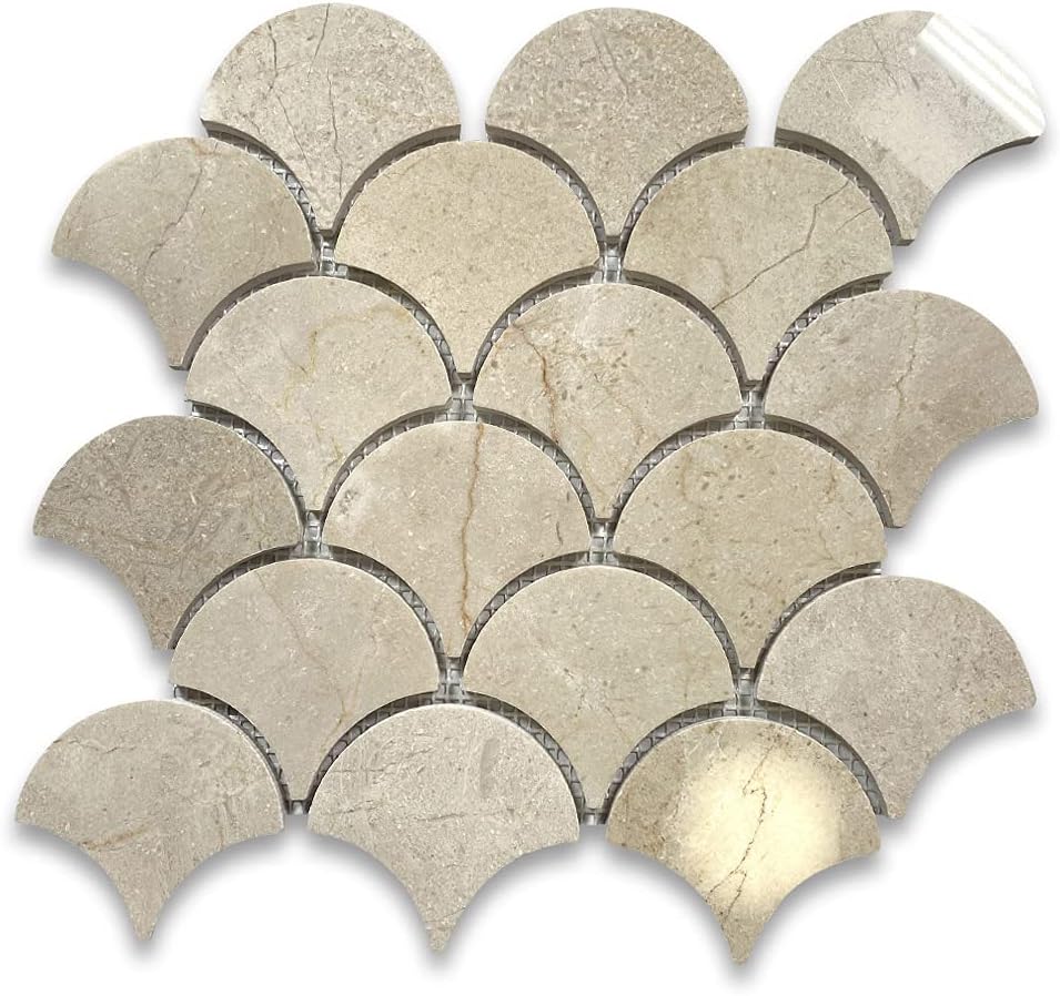 Stone Center Online Crema Marfil Marble Grand Fish Scale Fan Shape Mosaic Tile Polished Kitchen Bath Wall Floor Backsplash Shower (1 Sheet)