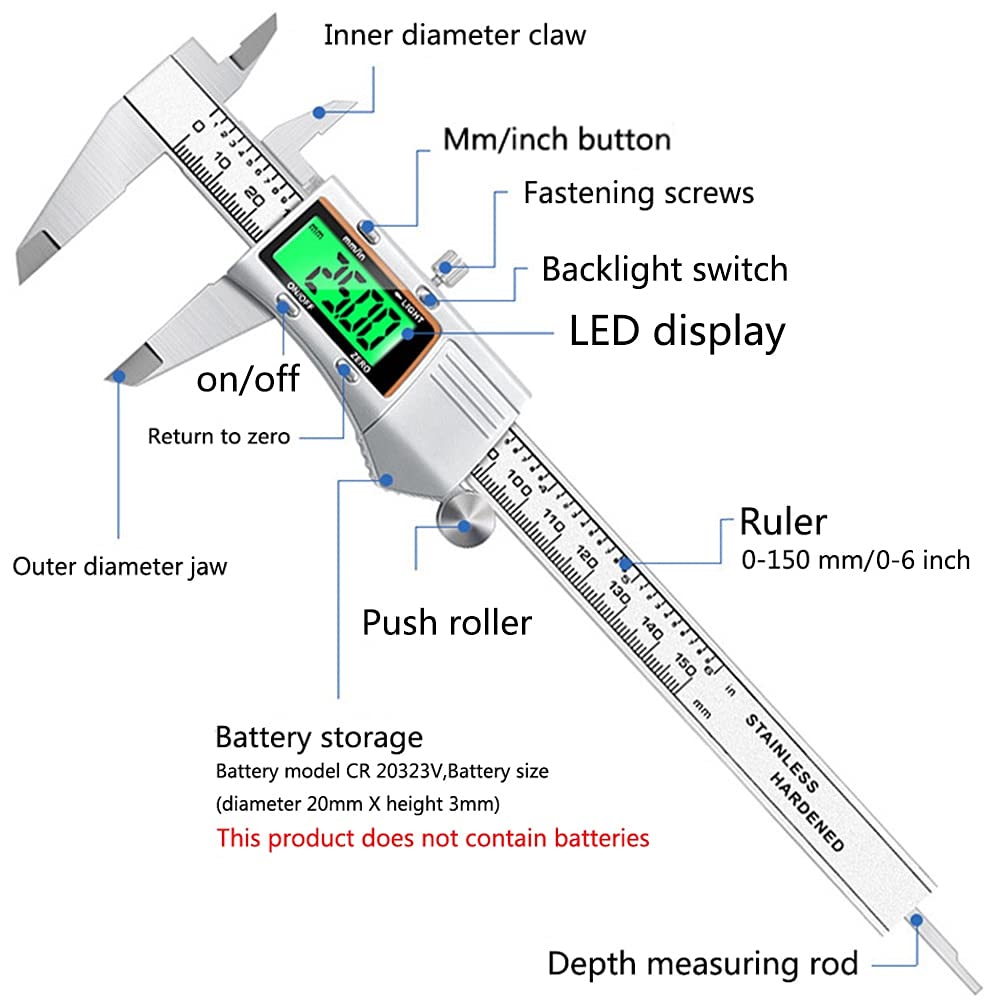 Pied à coulisse électronique numérique en acier inoxydable avec coque en métal et écran rétroéclairé 0 à 150 mm Outils de mesure Outils d'ingénierie