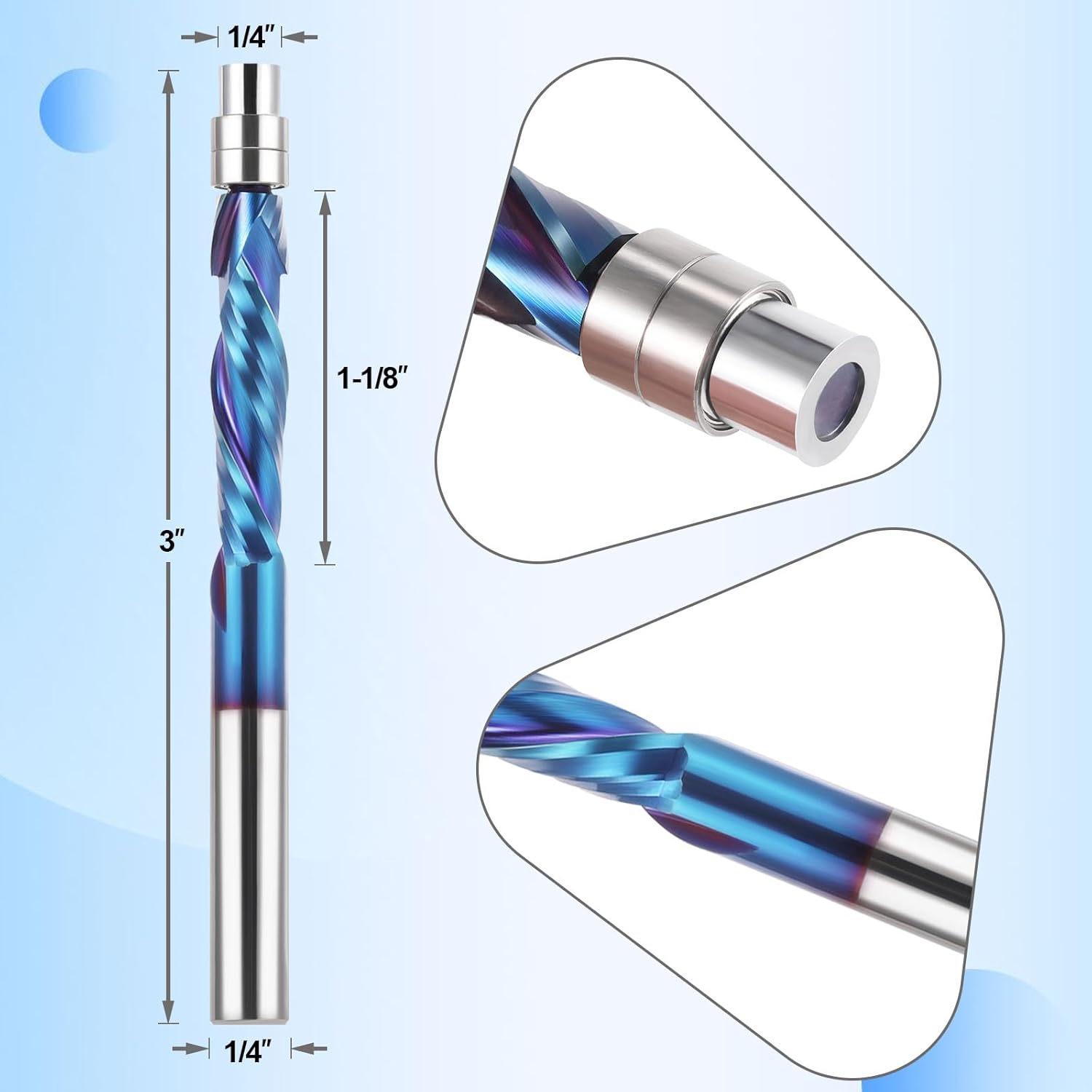 HQMaster Spiral Flush Trim Router Bit with Bottom Bearing 1/4 Inch Shank Solid Carbide and Nano Blue Coated for CNC Routers Pattern Woodwork (Compression)
