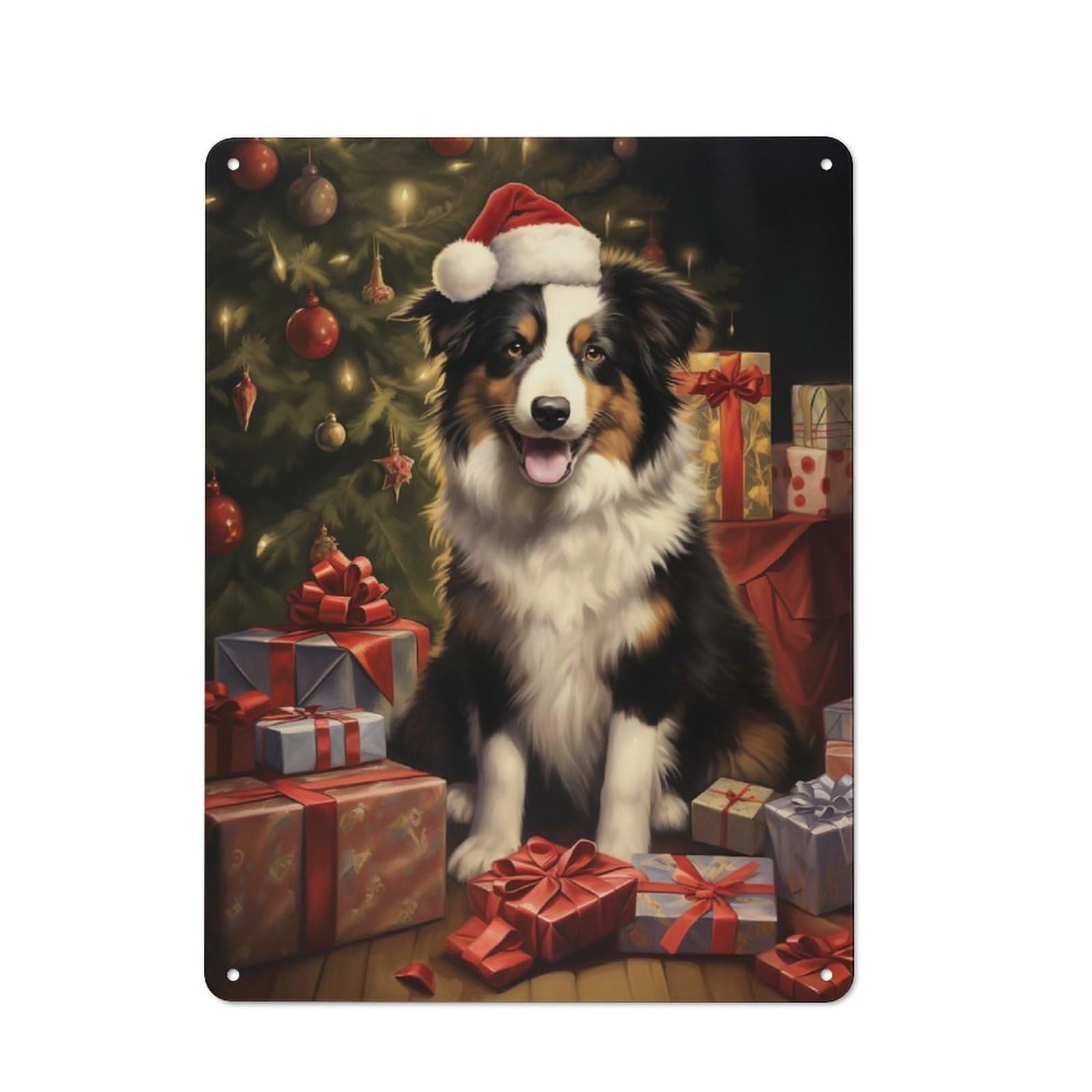 Junmoney Border Collie Xmas Shop Front Style Metal Wall Decor 40X30cm, Vintage Metal Sign For Tea Room, Shop Wall Or Breakfast Area