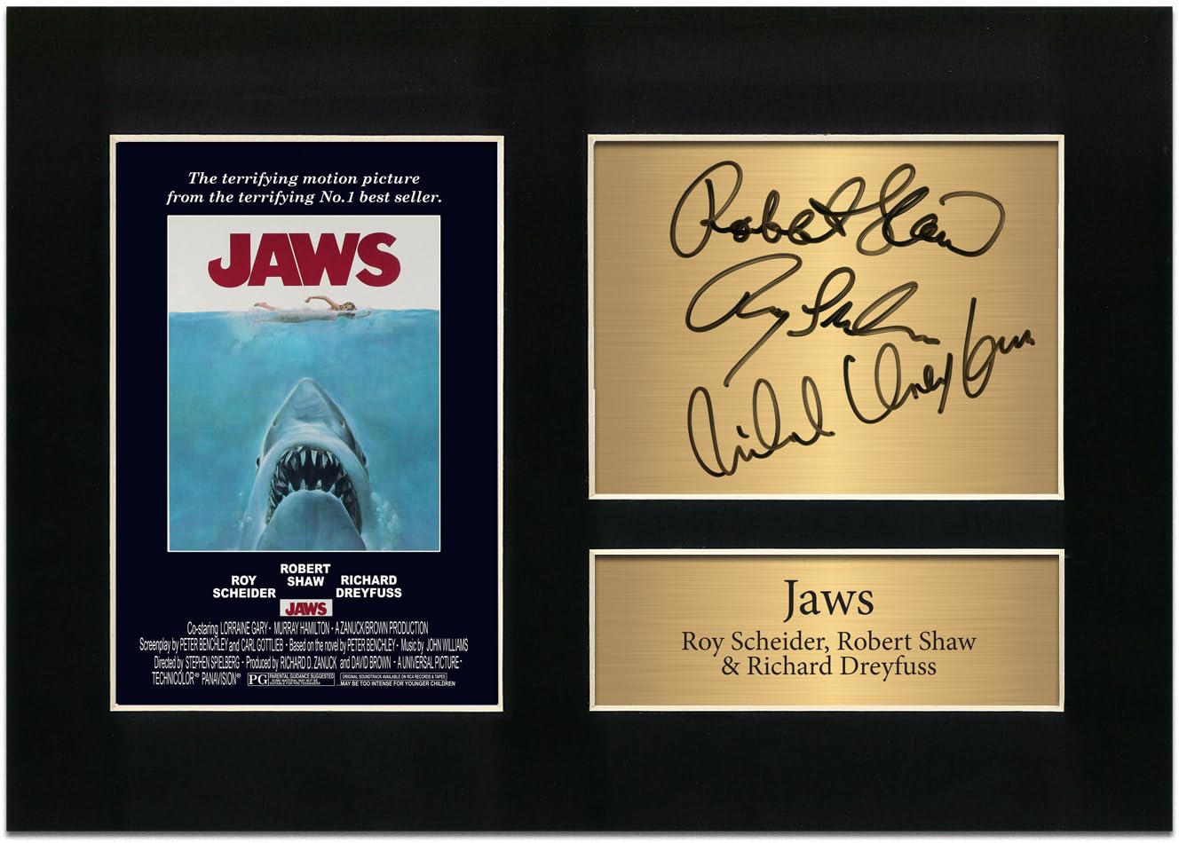 Zulu Image JAWS Movie Poster Signed by Rob Scheider Robert Shaw Richard Dreyfuss | Autograph A4 Printed Photo Reproduction Print Picture Display No54, Black