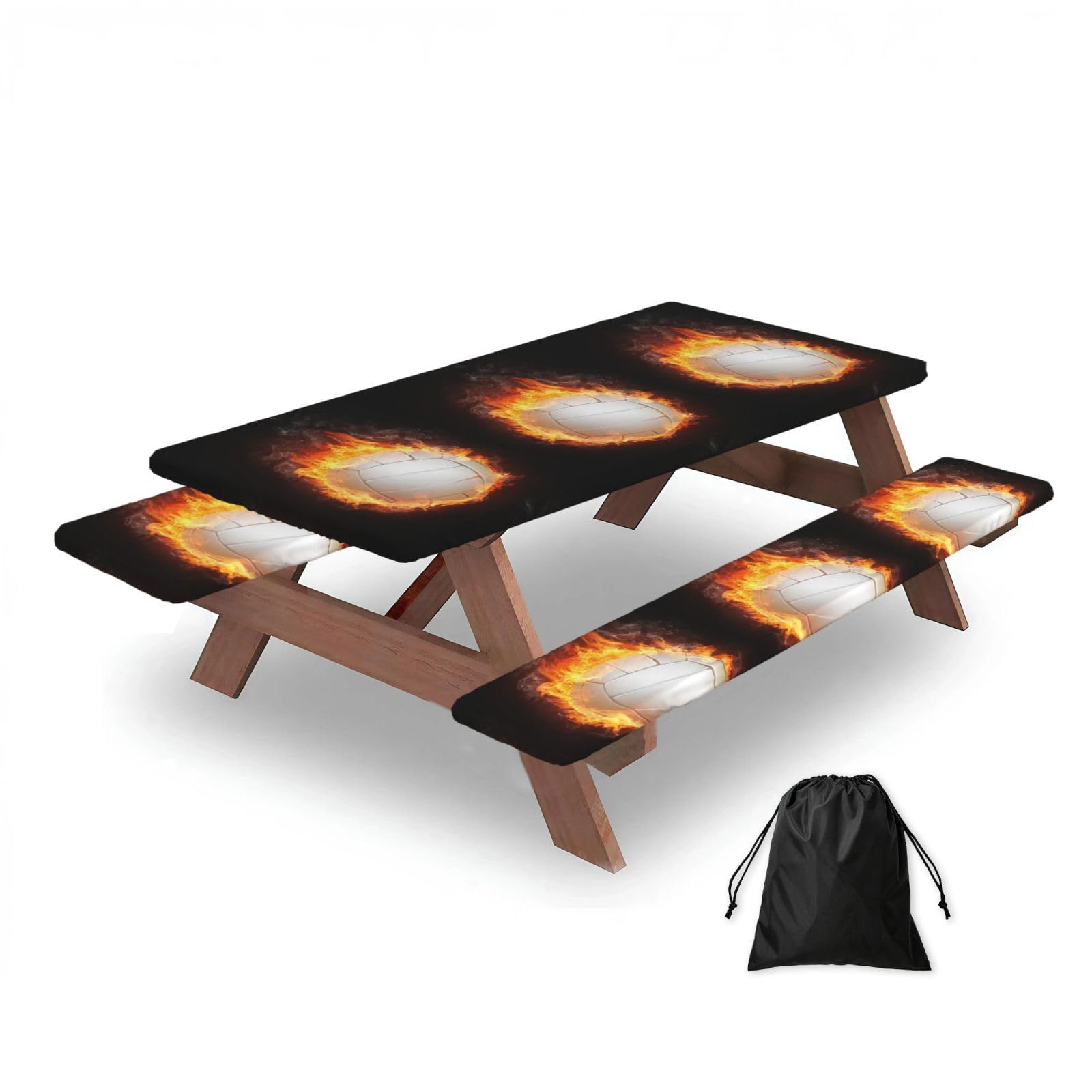 Cool Fire Flame Volleyball Ball, Picnic Table Cover With Bench Covers -Waterproof Elastic Fitted Tablecloth for Garden Camping Patio 76x152cm