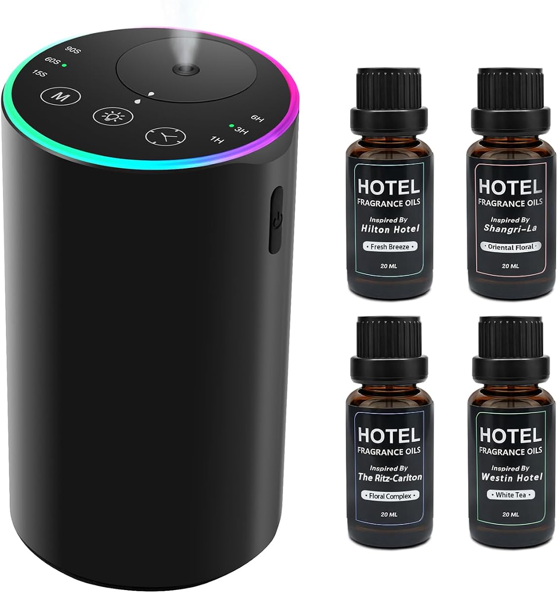 Kit de difusor sin agua con 4 aceites de fragancia de hotel de 20 ml, aleación de aluminio | Luz ambiental de 7 colores, nebulizador a batería, portátil, adecuado para automóviles, hogares, oficinas y habitaciones.