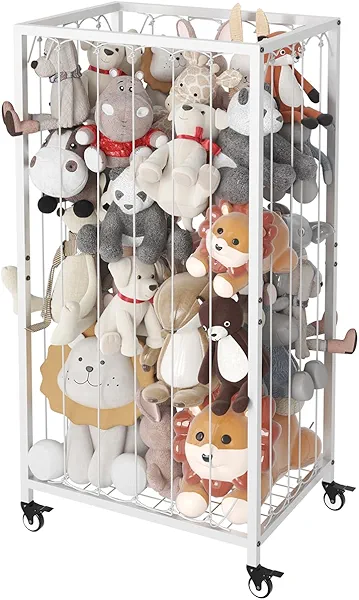 Ardier Stuffed Animal Storage Organizer with Wheels, Stuffed Animal Zoo Shelf with Elastic Rope for Nursery, Play Room, Bedroom, Kids Plush Toy Holder for Boys and Girls, White.