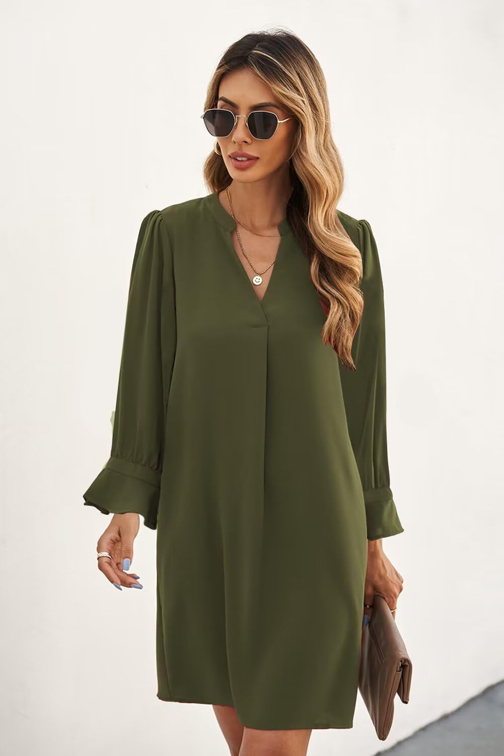 QACOHU Fall Dresses for Women 2026 Casual V Neck Long Sleeves Flowy Mini Tunic Dress - Image 3