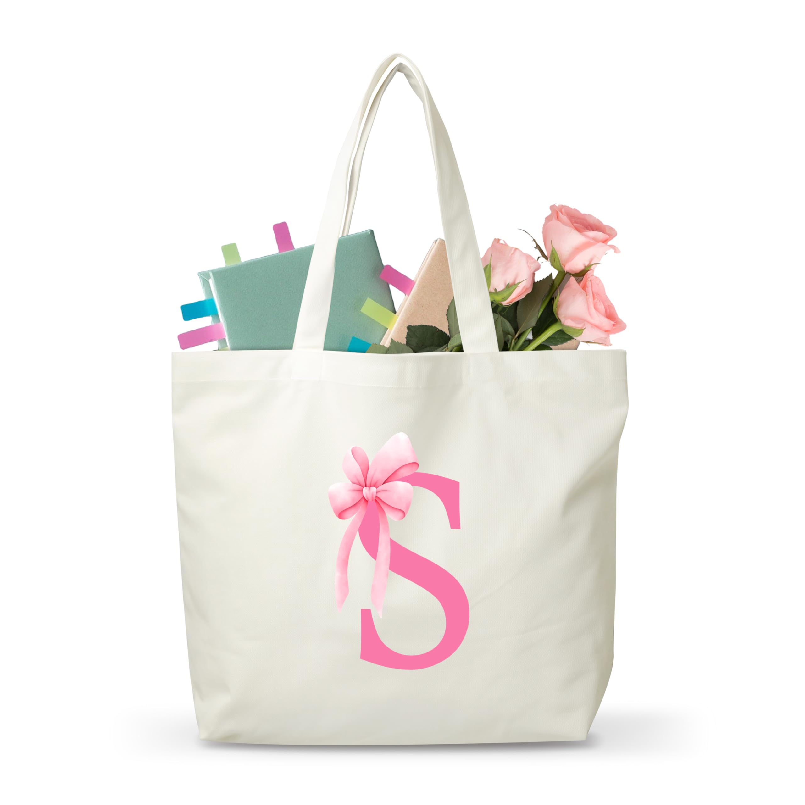 FQPJA Pink Bow Letter Canvas Tote Bag, Monogram Bag Gifts For Girls Friends Teachers Nurses