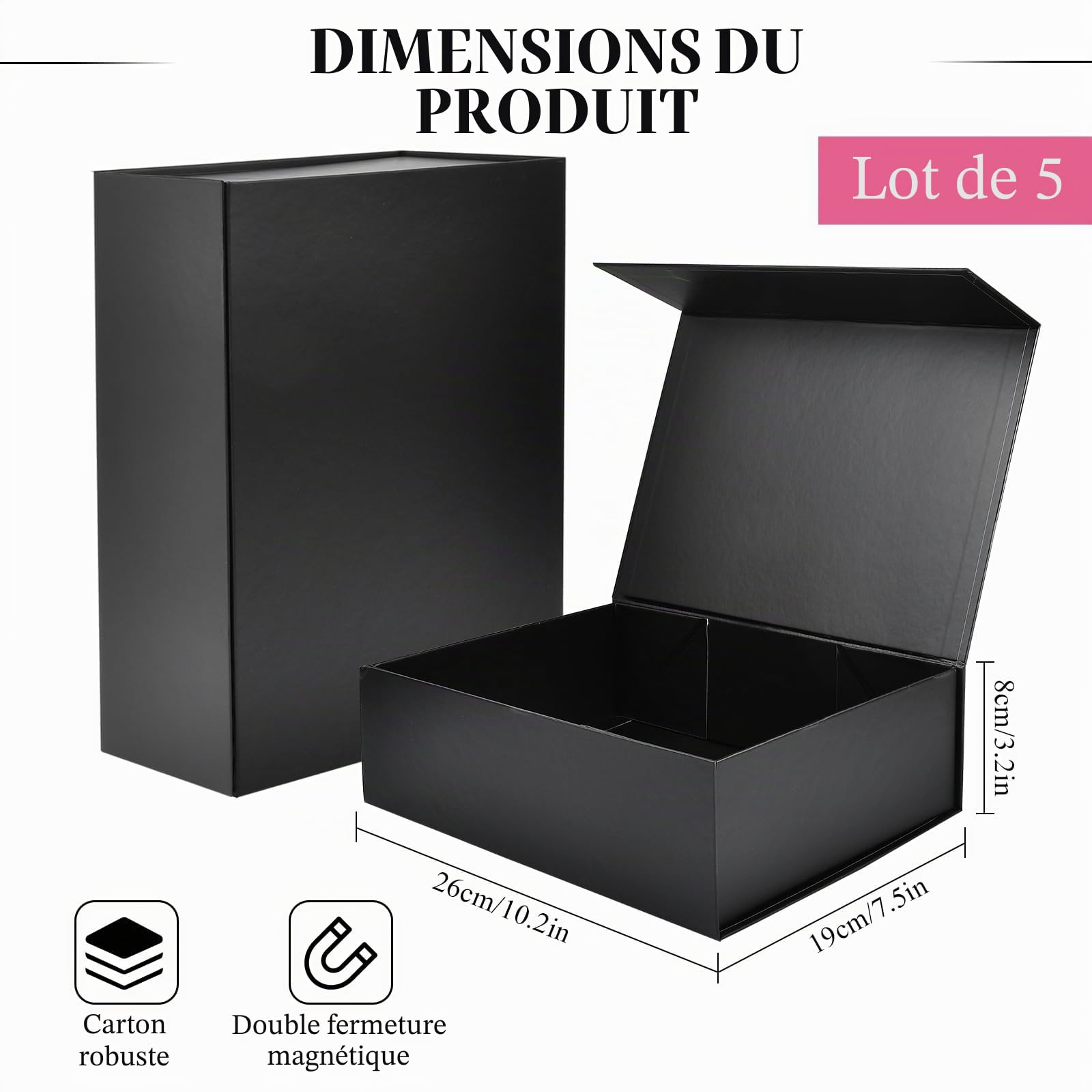 Boîte cadeau magnétique noire avec couvercles, 26 x 19 x 8 cm | Lot de 5 boîtes cadeaux pliées en carton pour anniversaire, mariage, Saint-Valentin, Noël, festivals – Assemblage facile