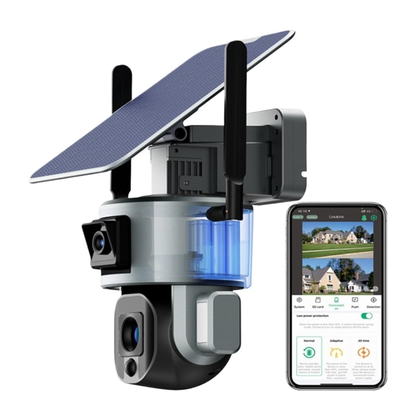 Caméra de sécurité, Caméra Solaire 4K for l'extérieur, Zoom Optique 4X 10X, Double Objectif, Audio bidirectionnel, Suivi de sécurité, caméras Surveillance PTZ(WiFi Zoom No Card)