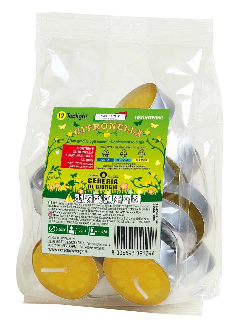 Cereria di Giorgio Confezione da 12 Tealight alla Citronella – Citronella di Java 100% Naturale – Anti Zanzare – Durata 3,5 Ore
