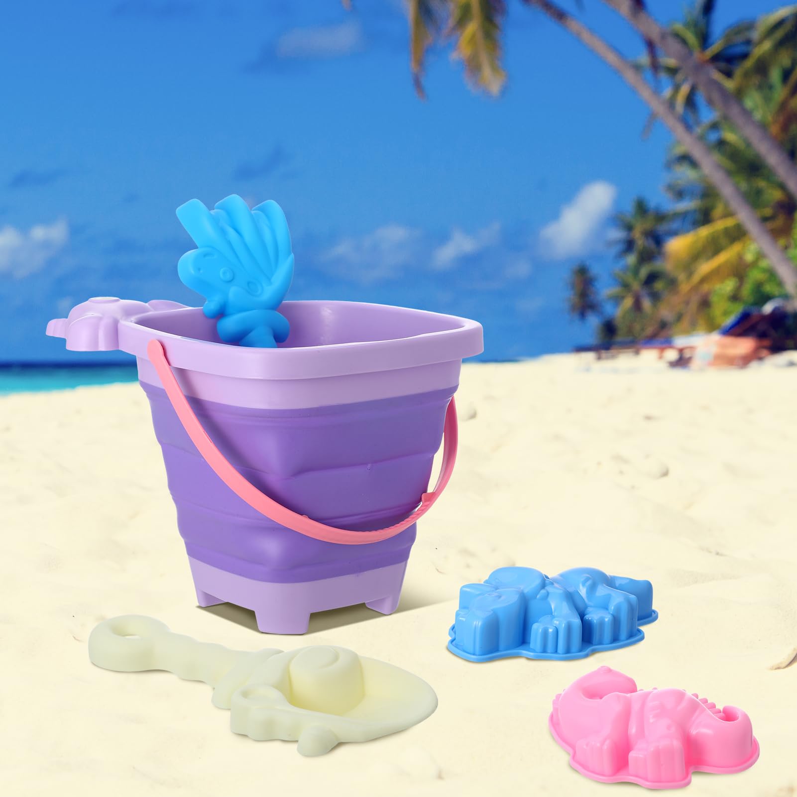 7 Pcs Pool Toys Collapsible Bucket and Spade Set Kids Beach Toys With Animals Molds and Sand Shovels Mesh Bag For Kids Sand Pool Party - Image 2