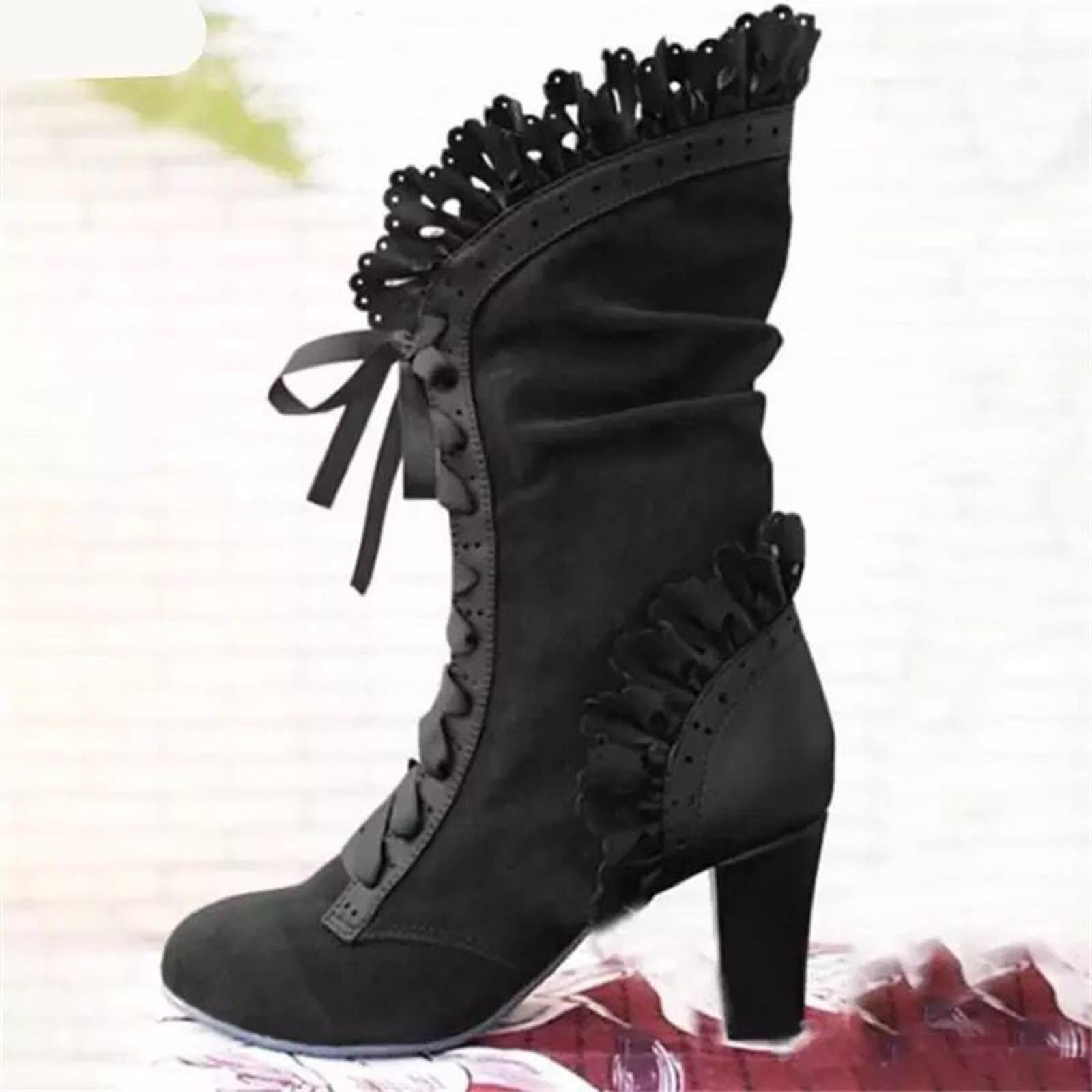 Bottes Femme Lolita Gothique, Bottines Hautes à Talon Carré avec Lacets Ruban Dentelle, Chaussures Femmes en Daim et Cuir Style Steampunk Idéales pour Tenue de Fête, Saison Automne Hiver