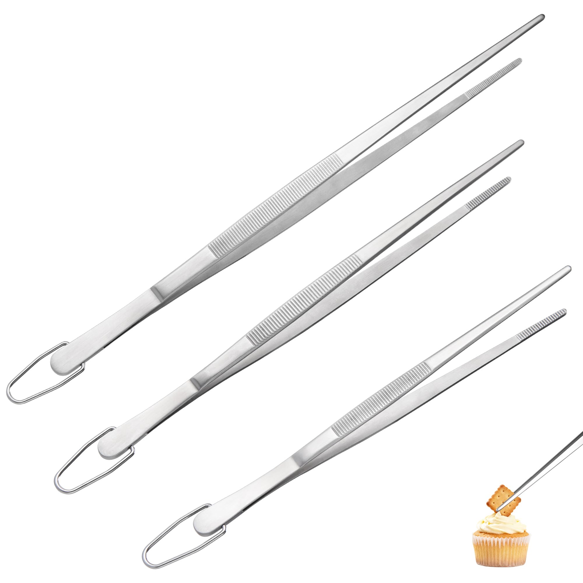 U-Taste Kitchen Tweezers Set of 3: 18/8 Stainless Steel Food-Grade Food Tongs with Seamless-Welding and Upgraded Pinching Force for Cooking Baking Serving Frying Decorating Plating BBQ (Pointed Tip)